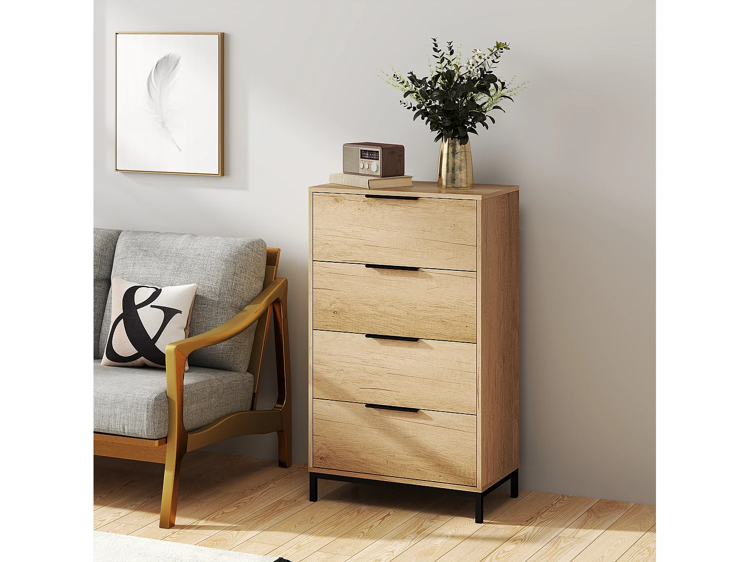 Cassettiera 4 cassetti in truciolato e metallo 62x35x10 cm marrone