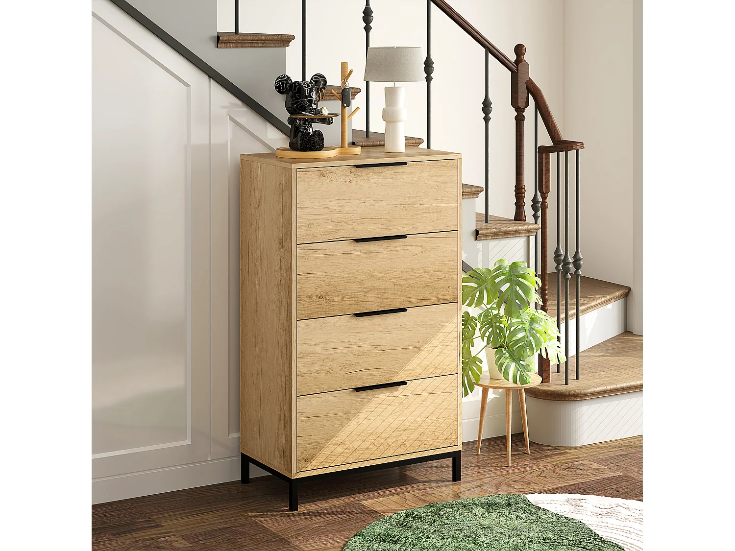 Cassettiera 4 cassetti in truciolato e metallo 62x35x10 cm marrone