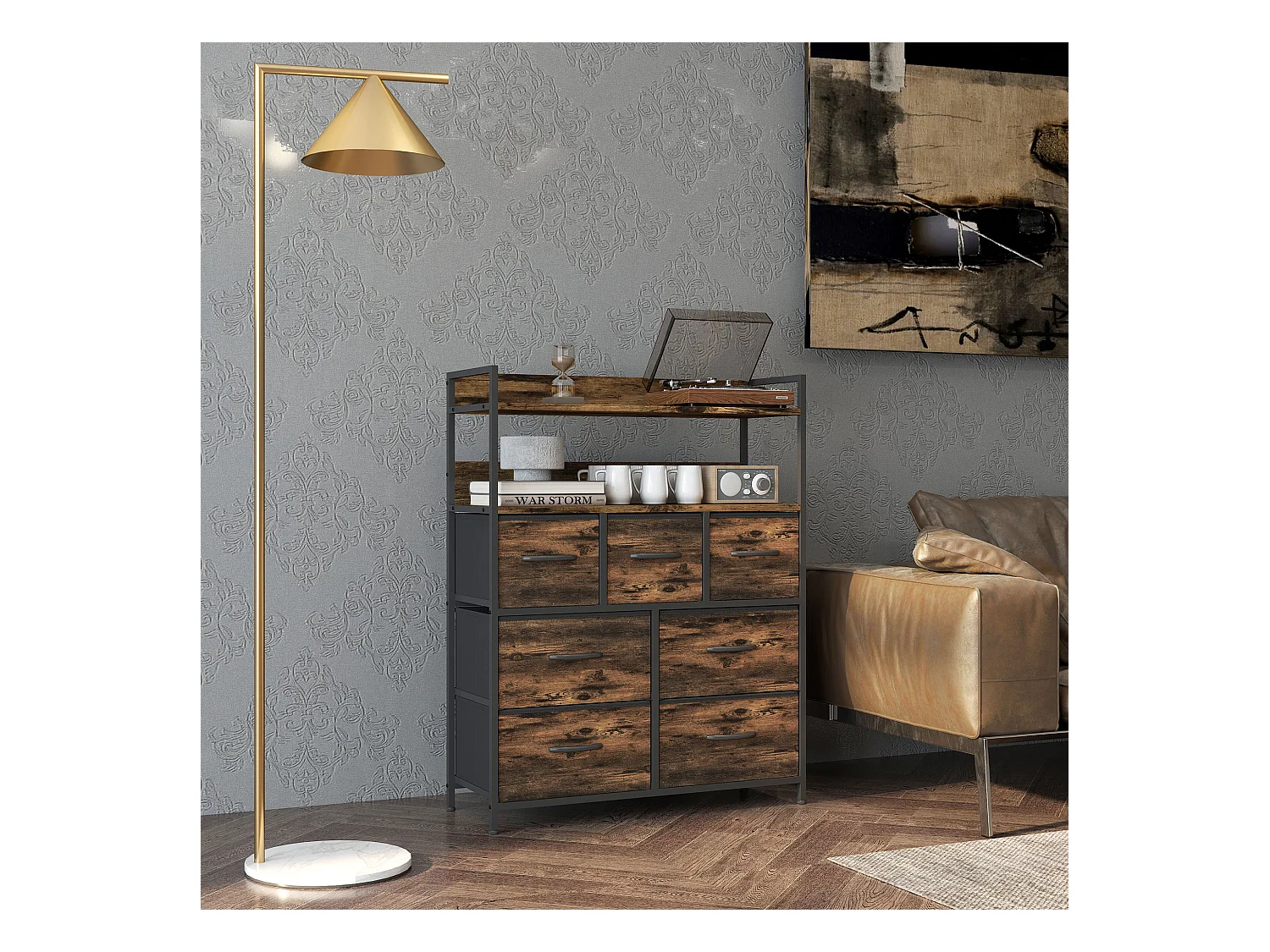 Cassettiera 7 cassetti con 2 ripiani e design industriale marrone nero