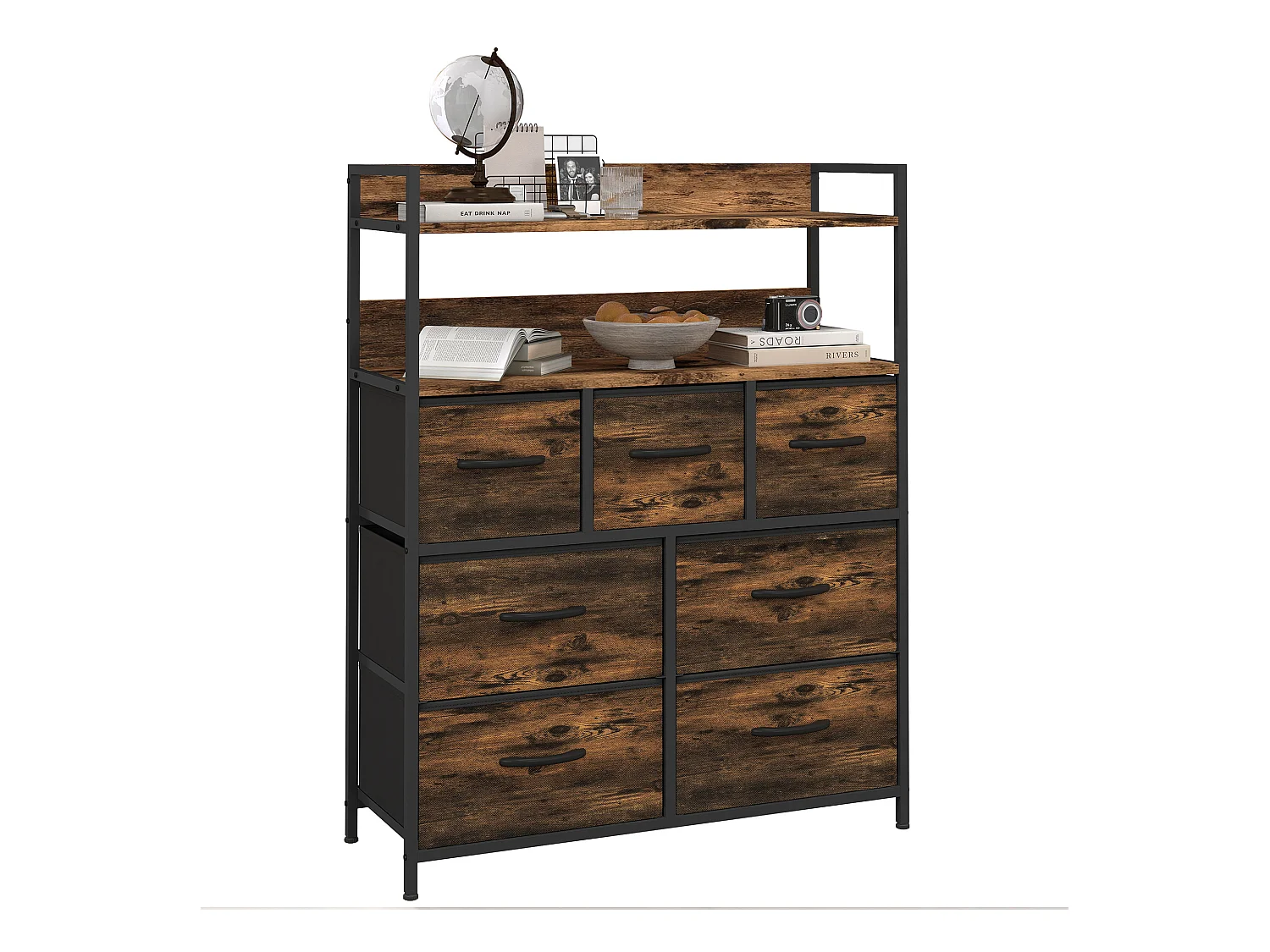 Cassettiera 7 cassetti con 2 ripiani e design industriale marrone nero