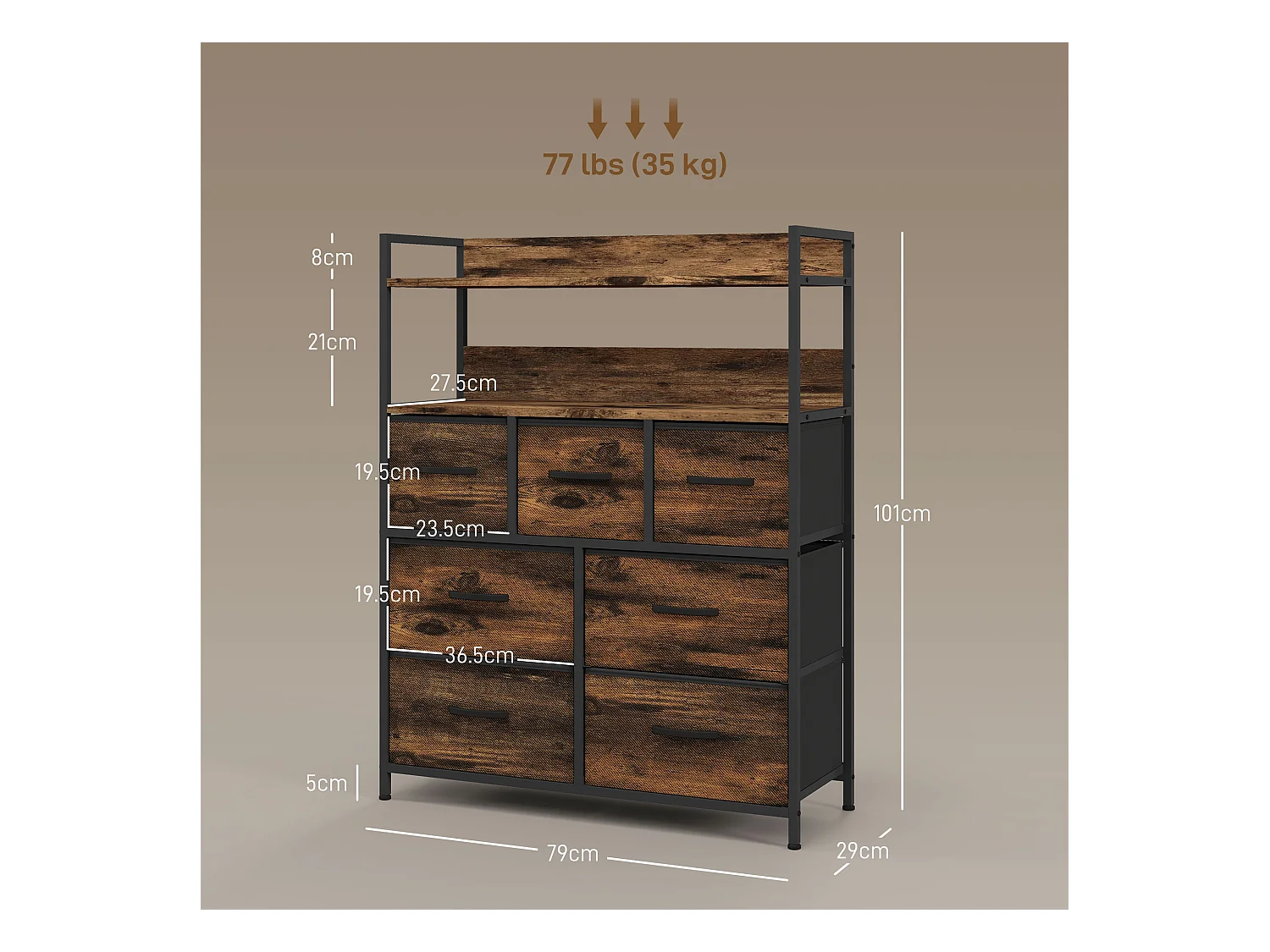 Cassettiera 7 cassetti con 2 ripiani e design industriale marrone nero