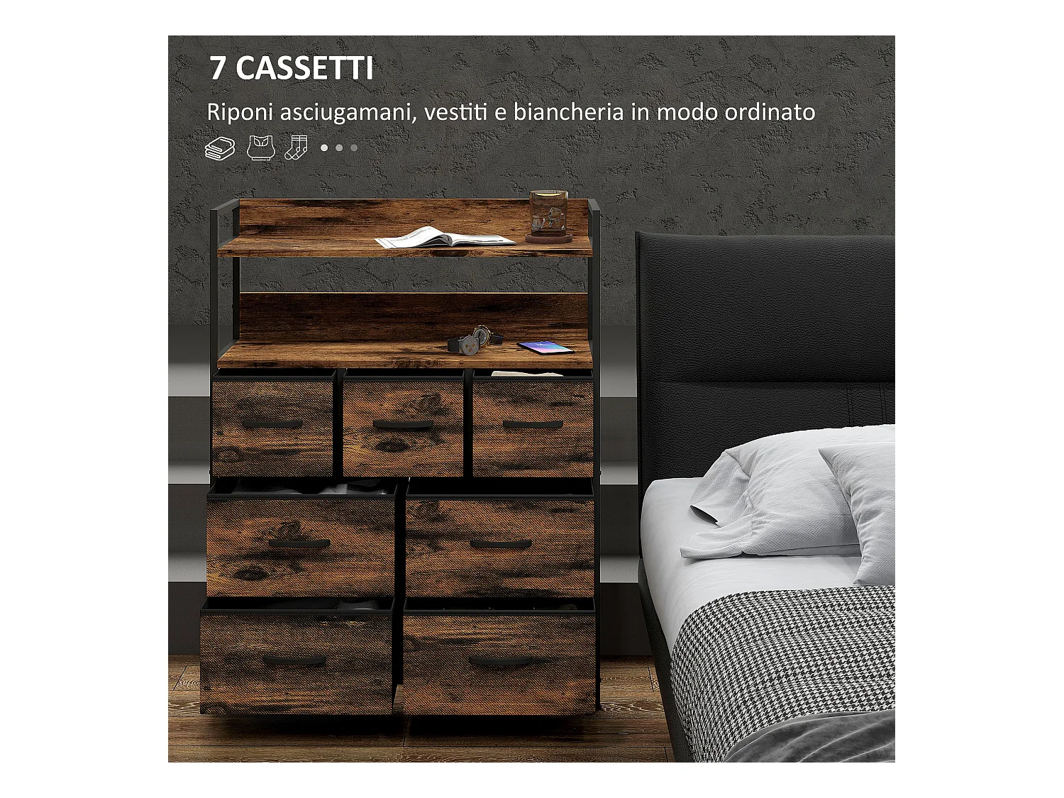Cassettiera 7 cassetti con 2 ripiani e design industriale marrone nero