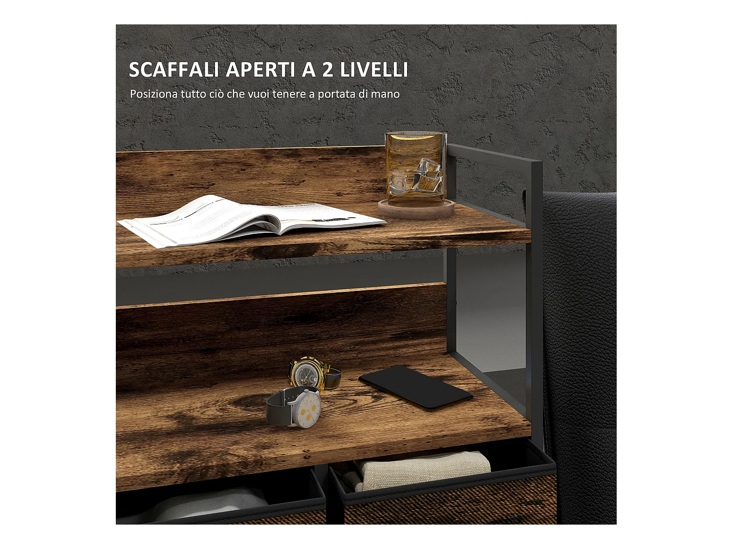 Cassettiera 7 cassetti con 2 ripiani e design industriale marrone nero