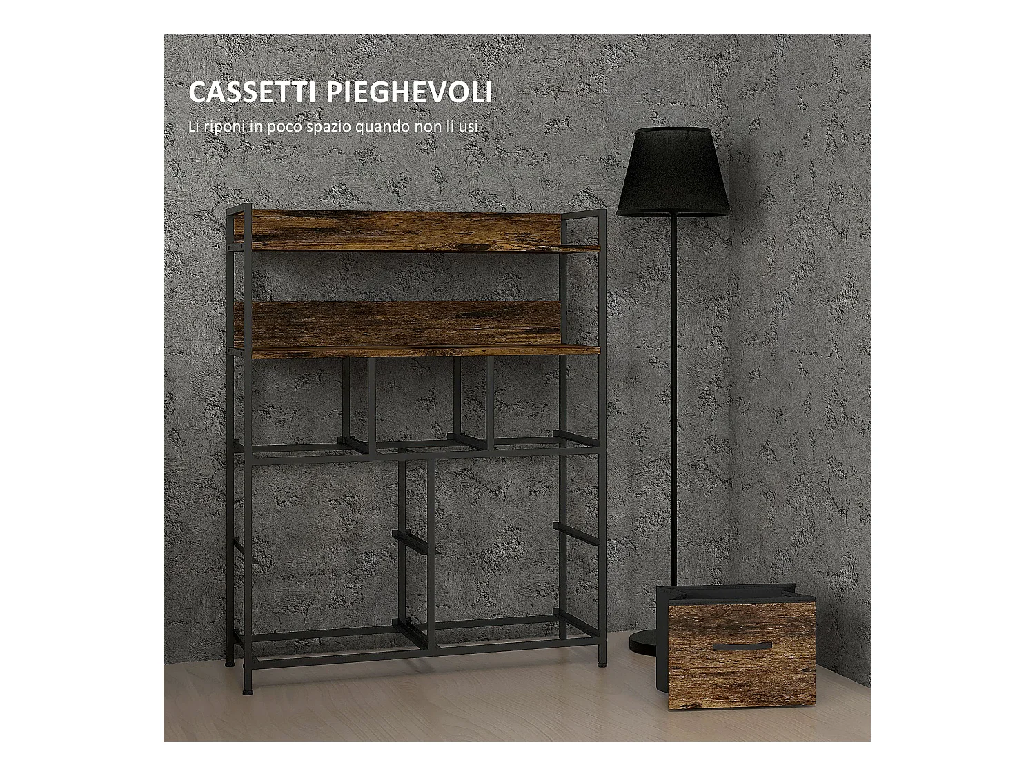 Cassettiera 7 cassetti con 2 ripiani e design industriale marrone nero