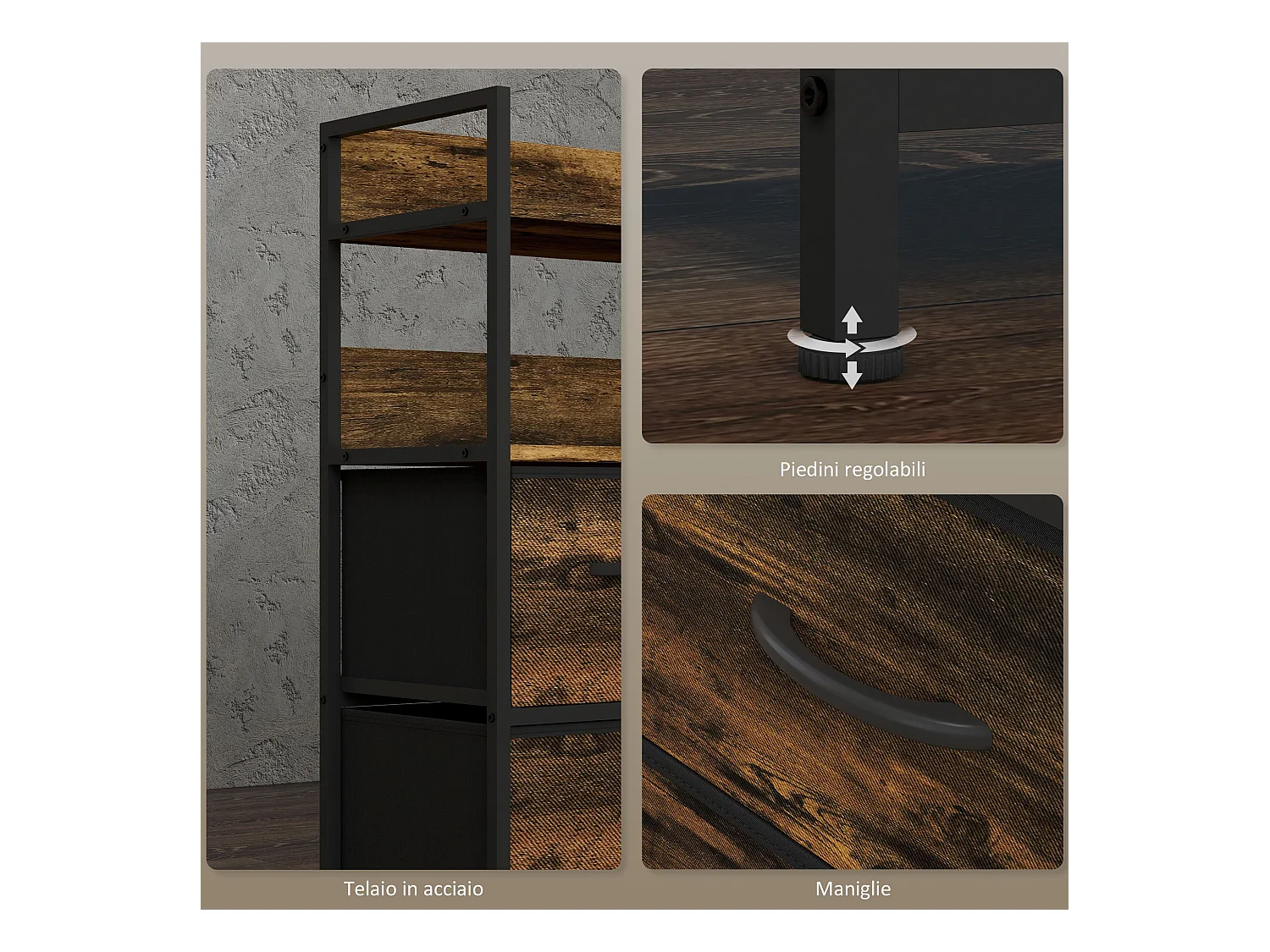 Cassettiera 7 cassetti con 2 ripiani e design industriale marrone nero