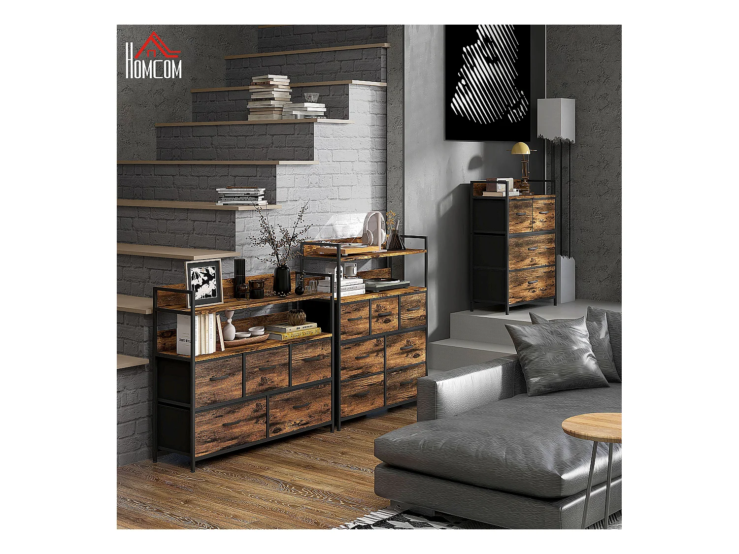 Cassettiera 7 cassetti con 2 ripiani e design industriale marrone nero