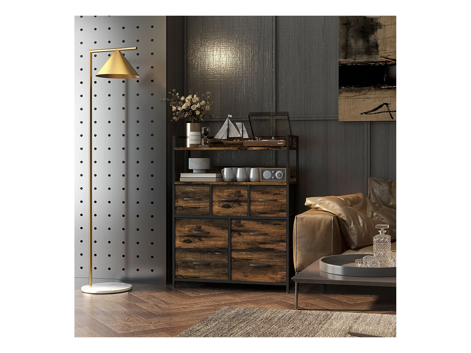 Cassettiera 7 cassetti con 2 ripiani e design industriale marrone nero