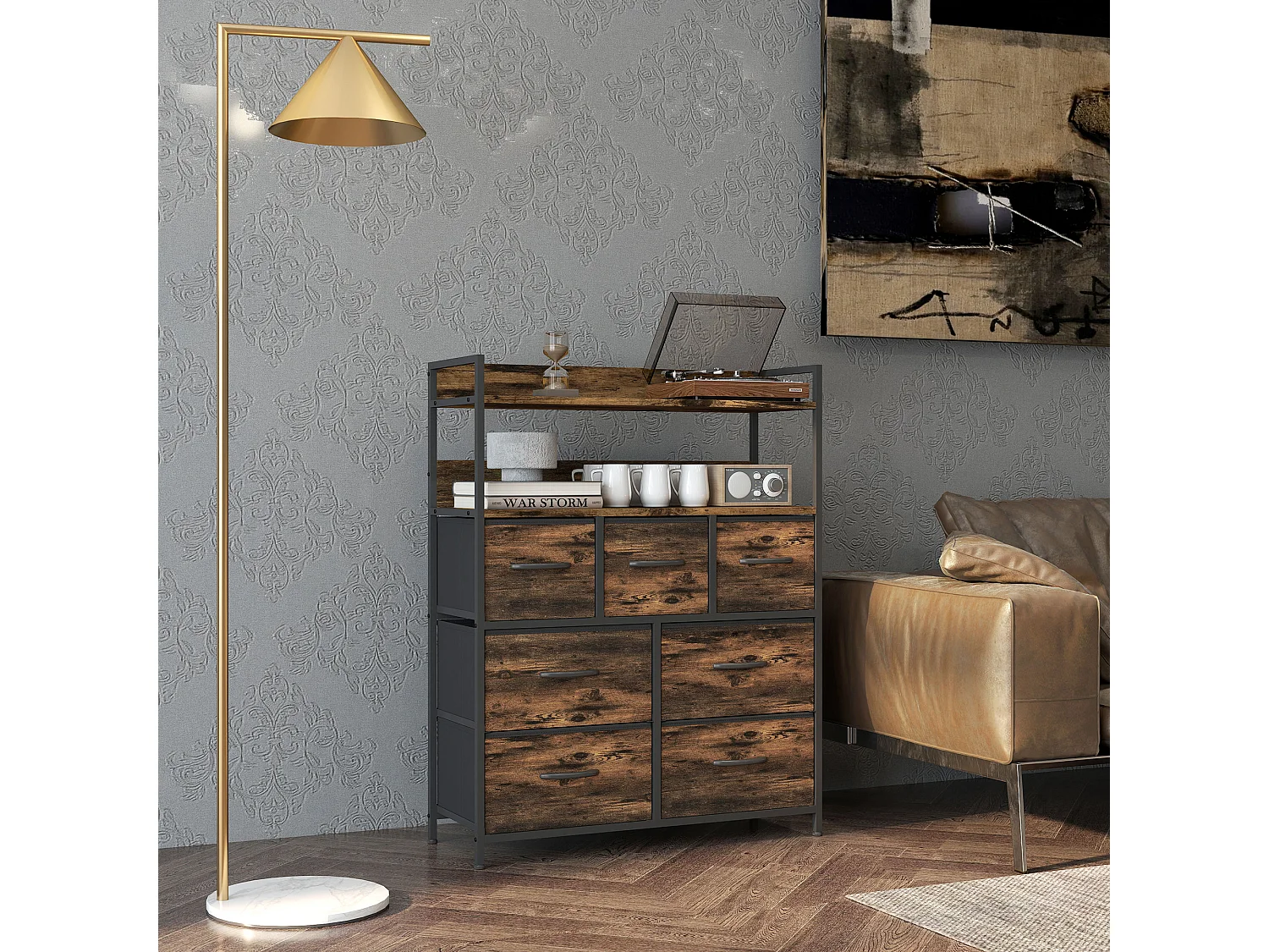 Cassettiera 7 cassetti con 2 ripiani e design industriale marrone nero