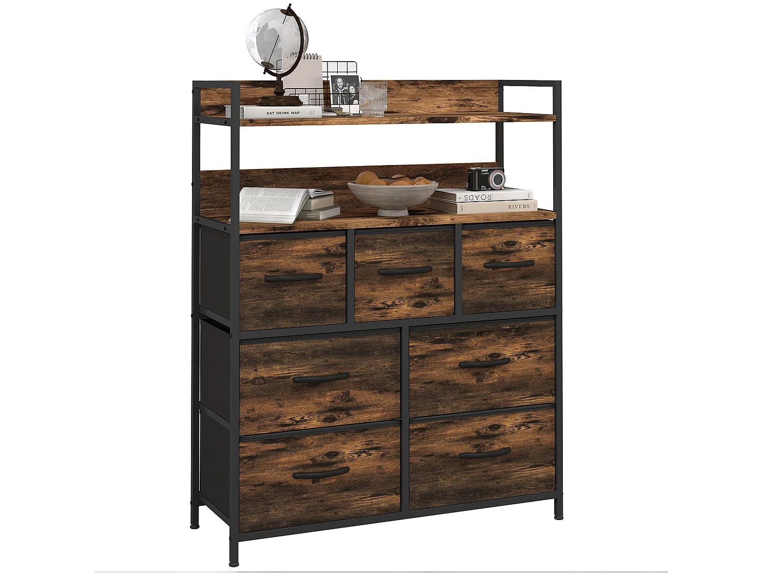 Cassettiera 7 cassetti con 2 ripiani e design industriale marrone nero