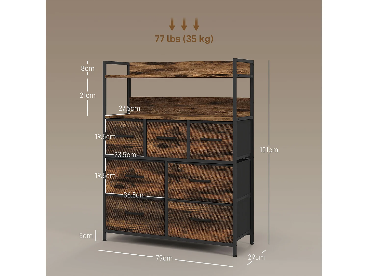 Cassettiera 7 cassetti con 2 ripiani e design industriale marrone nero