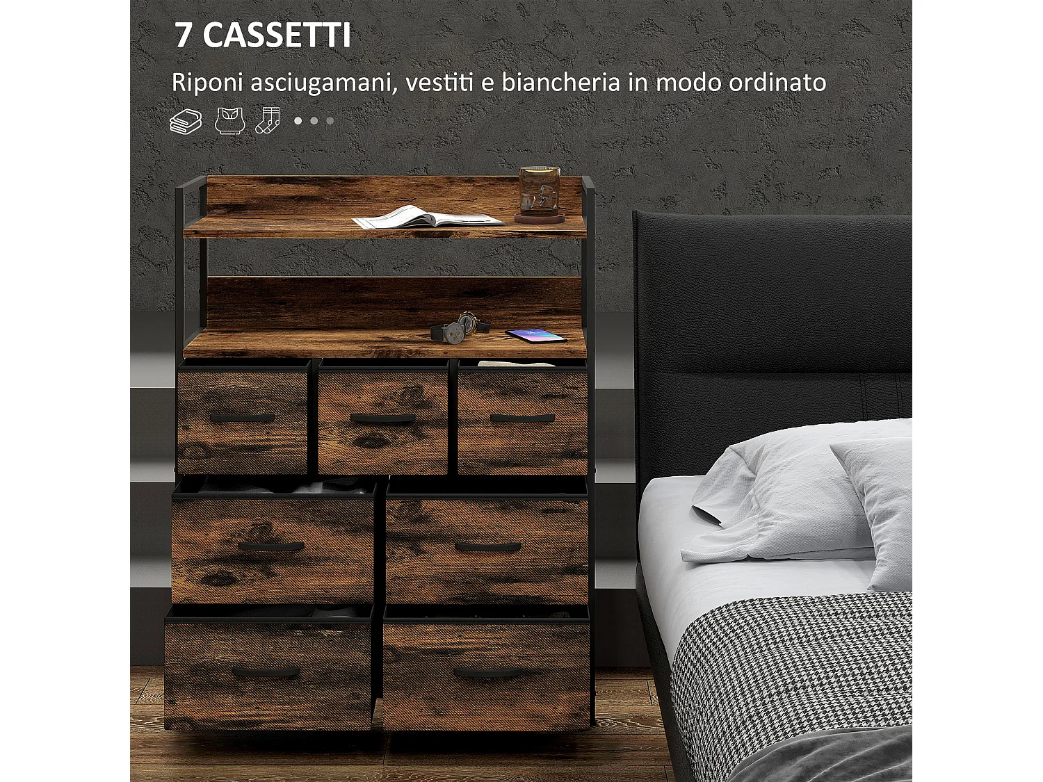 Cassettiera 7 cassetti con 2 ripiani e design industriale marrone nero