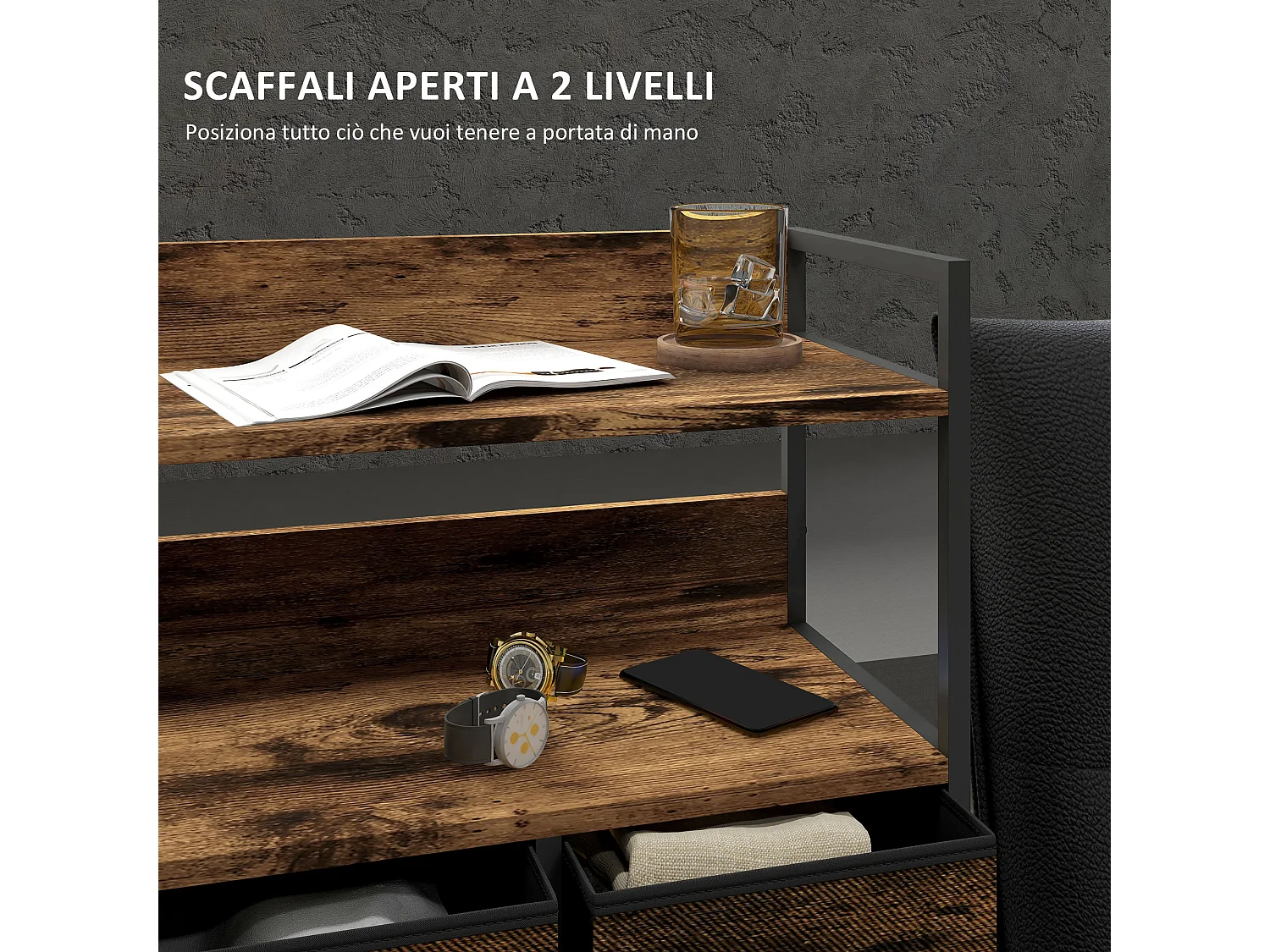 Cassettiera 7 cassetti con 2 ripiani e design industriale marrone nero