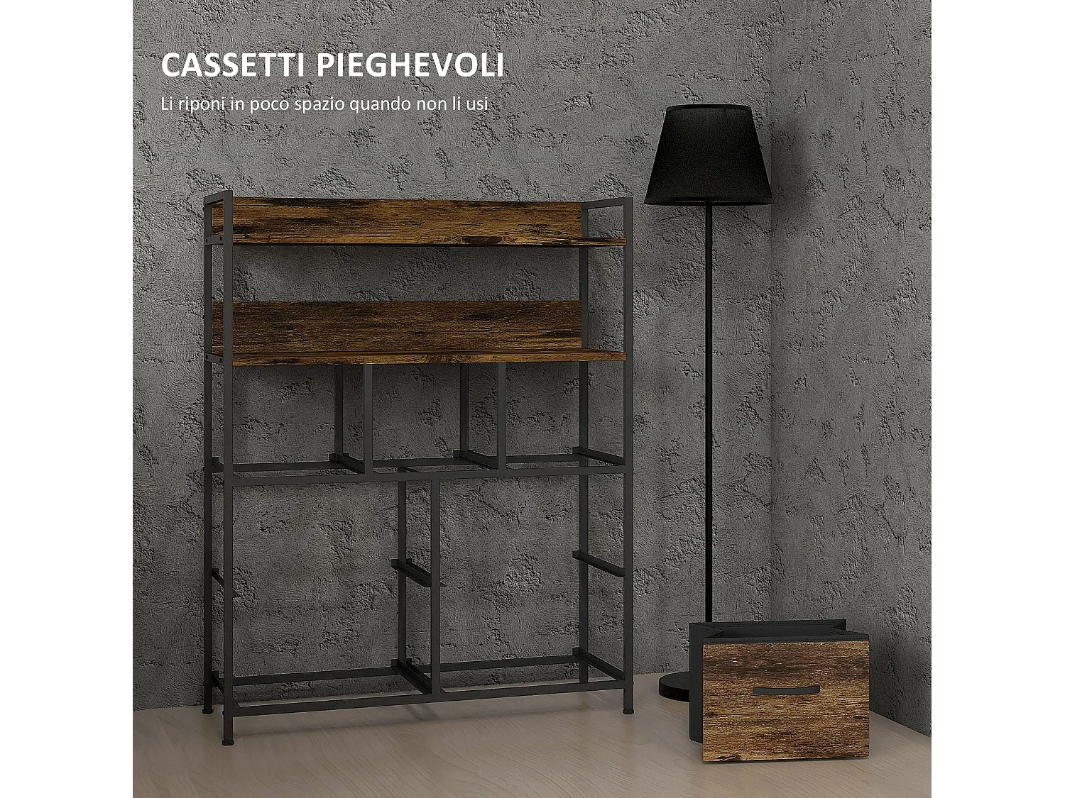 Cassettiera 7 cassetti con 2 ripiani e design industriale marrone nero