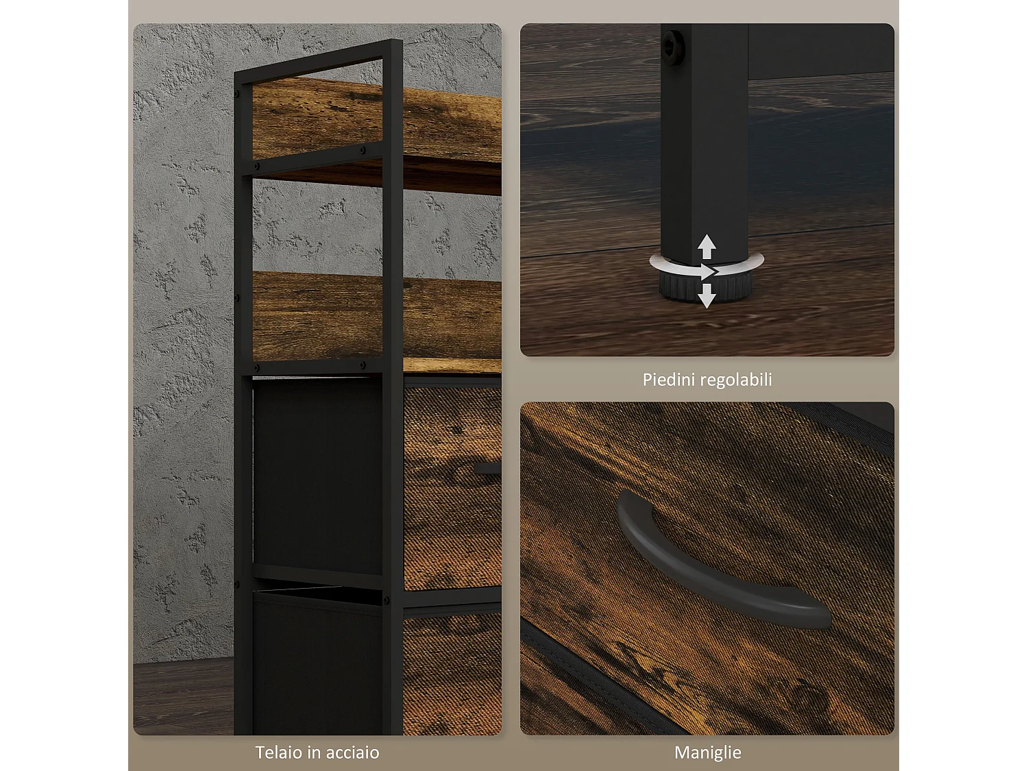 Cassettiera 7 cassetti con 2 ripiani e design industriale marrone nero