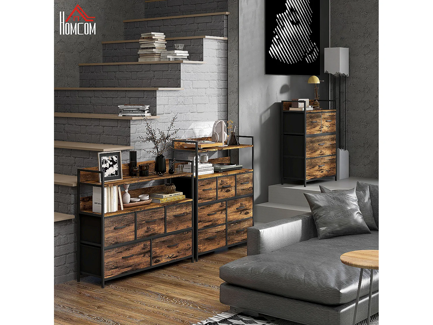 Cassettiera 7 cassetti con 2 ripiani e design industriale marrone nero