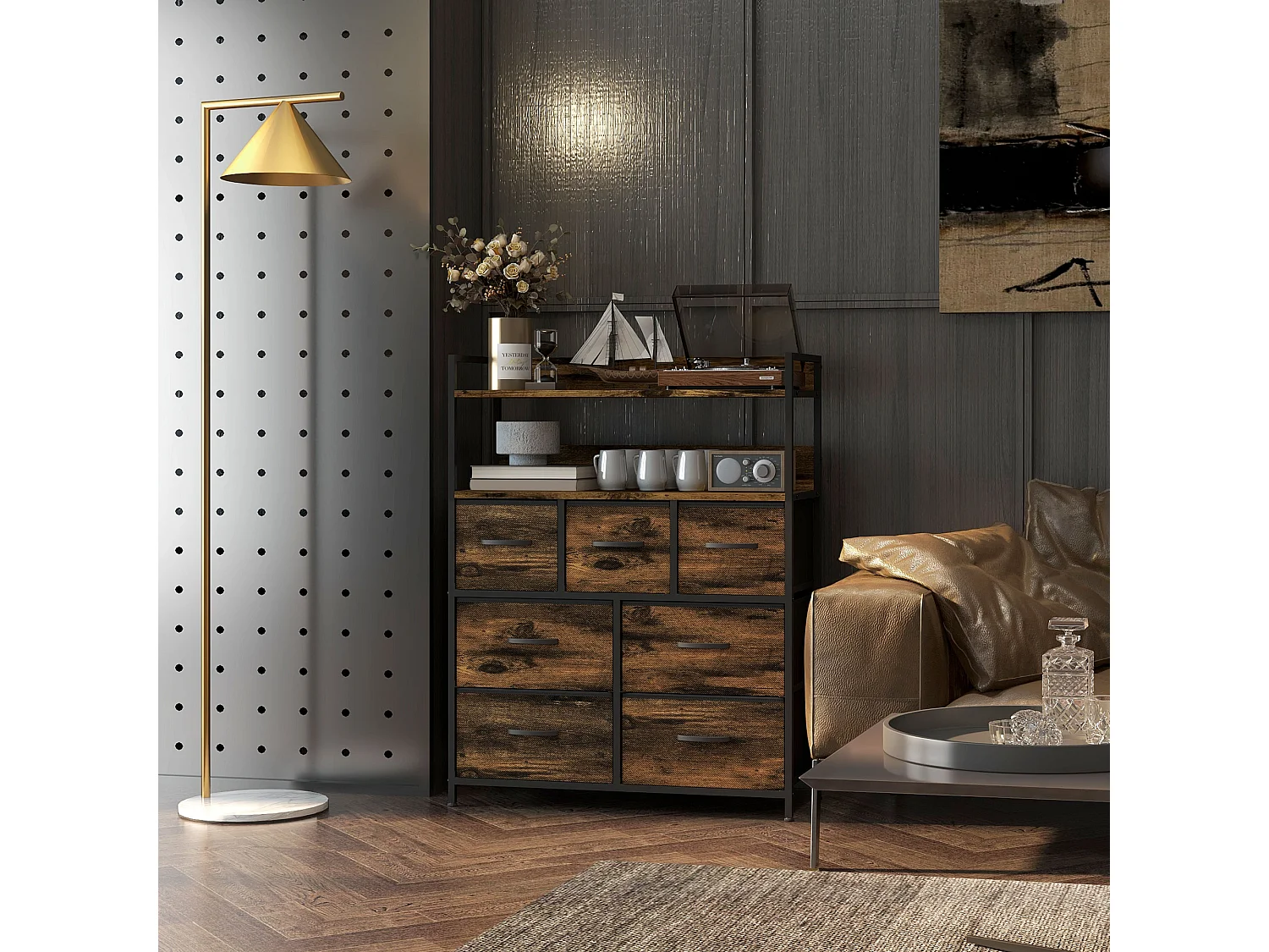 Cassettiera 7 cassetti con 2 ripiani e design industriale marrone nero