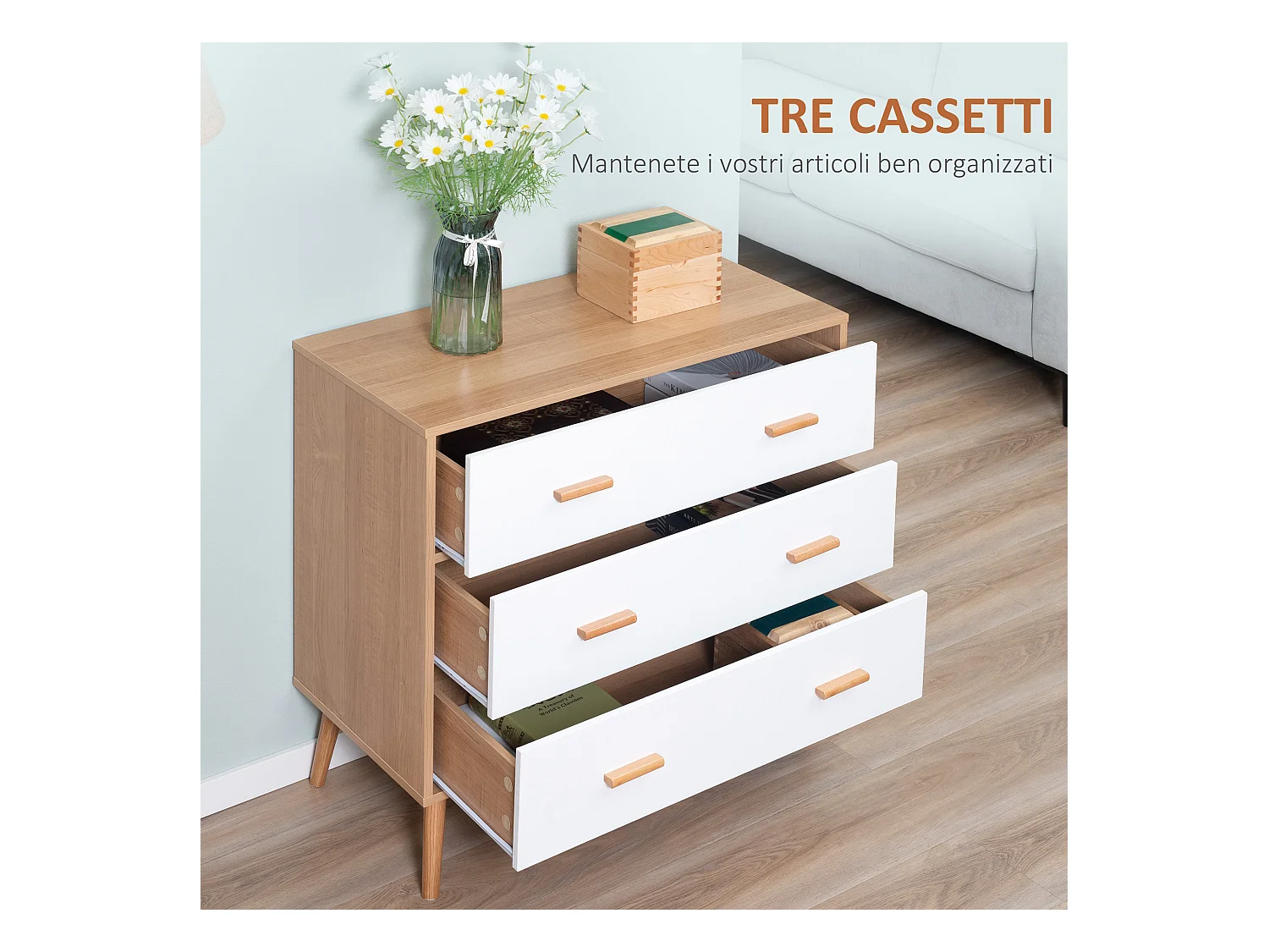 Cassettiera 3 cassetti rialzata in truciolato bianco e color legno