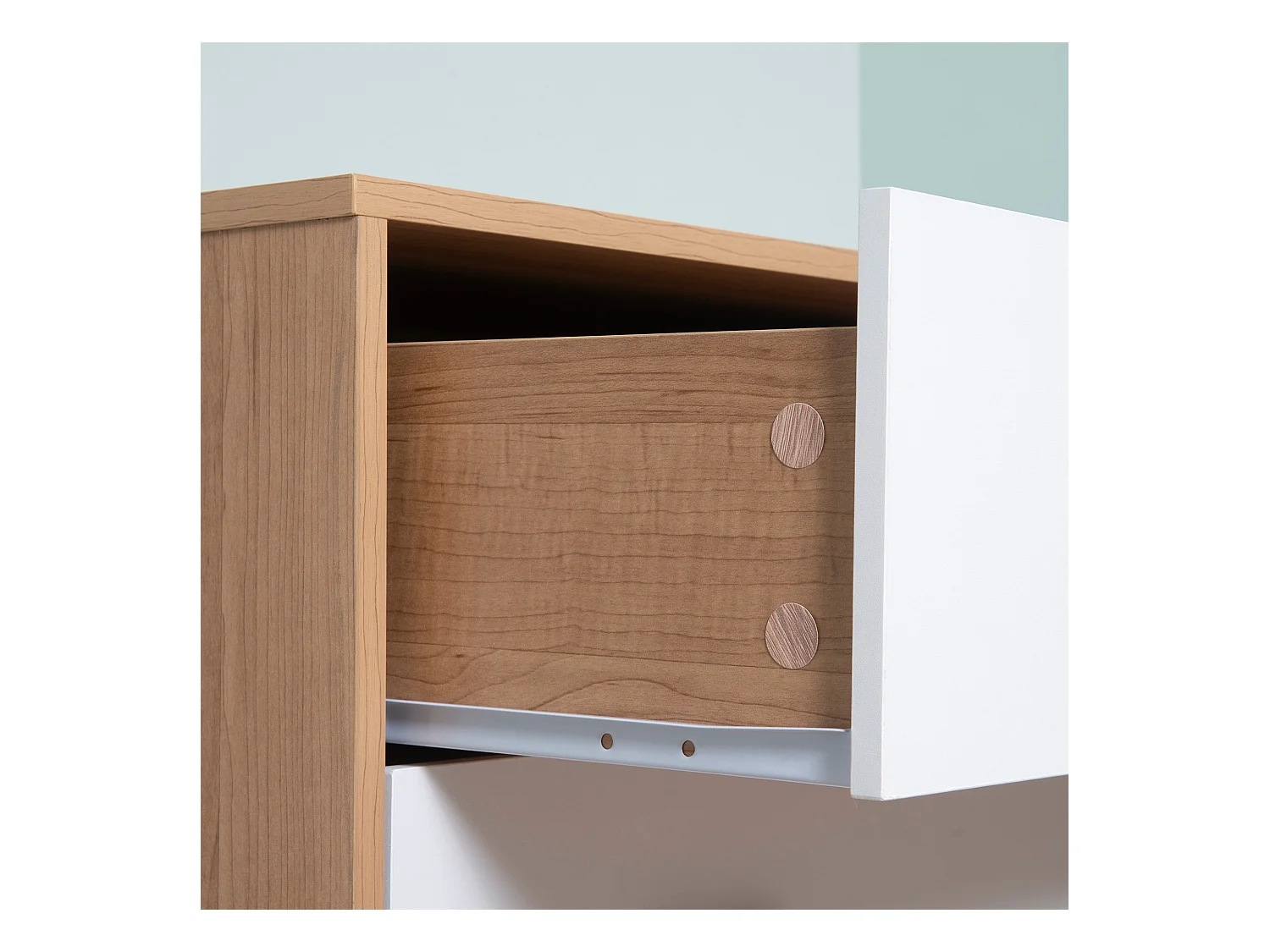 Cassettiera 3 cassetti rialzata in truciolato bianco e color legno