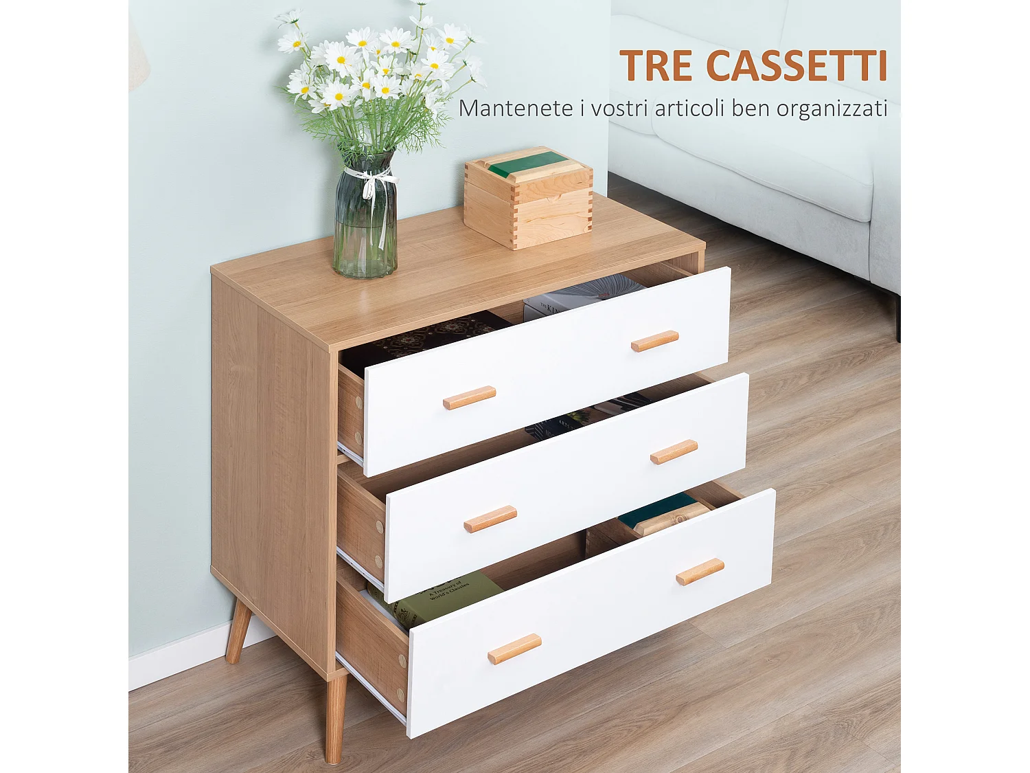 Cassettiera 3 cassetti rialzata in truciolato bianco e color legno