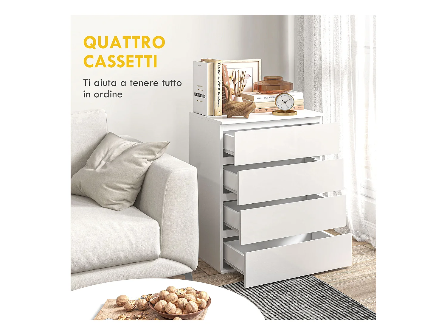 Cassettiera 4 cassetti in truciolato 60x40x80cm bianco