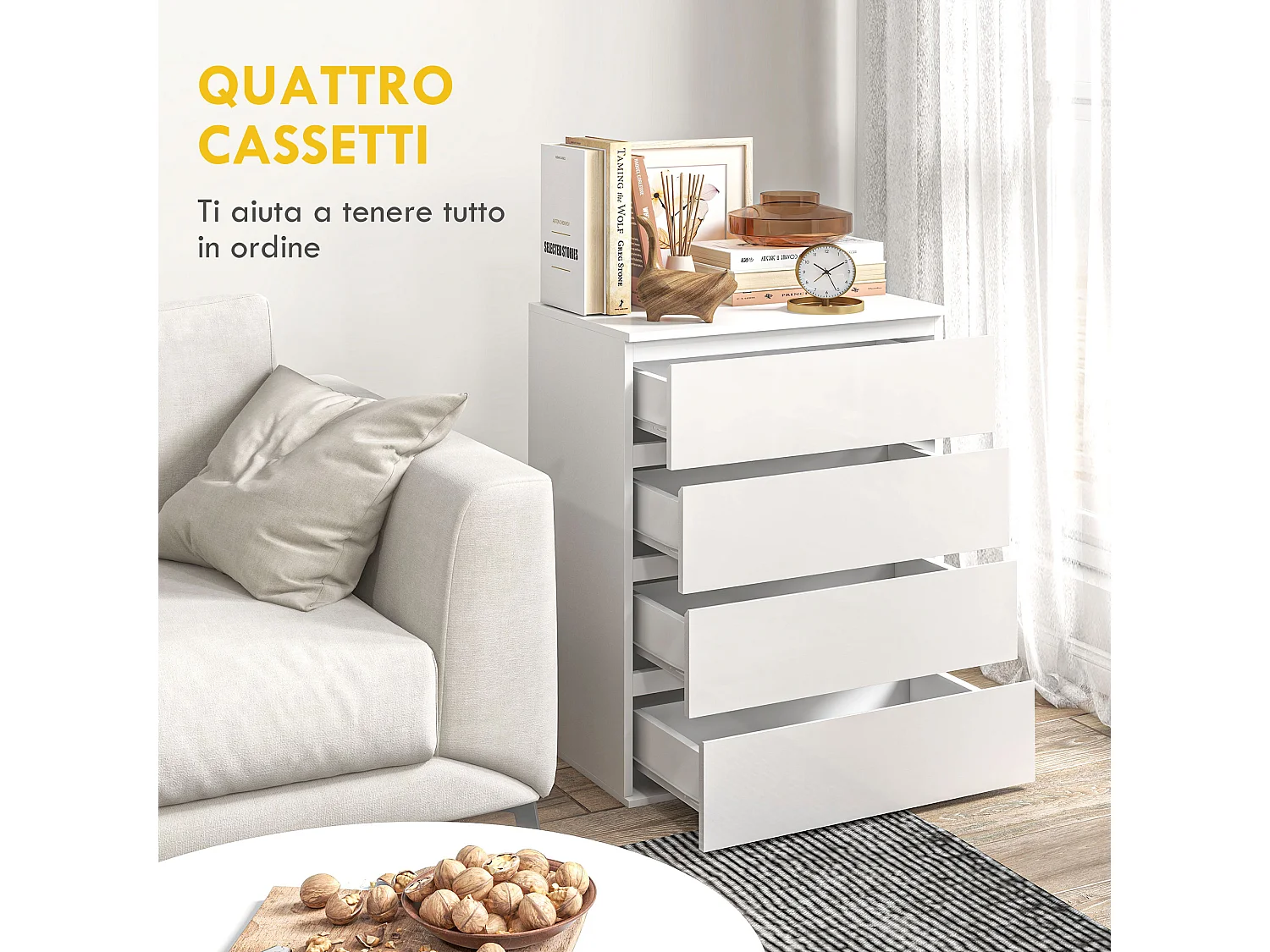 Cassettiera 4 cassetti in truciolato 60x40x80cm bianco