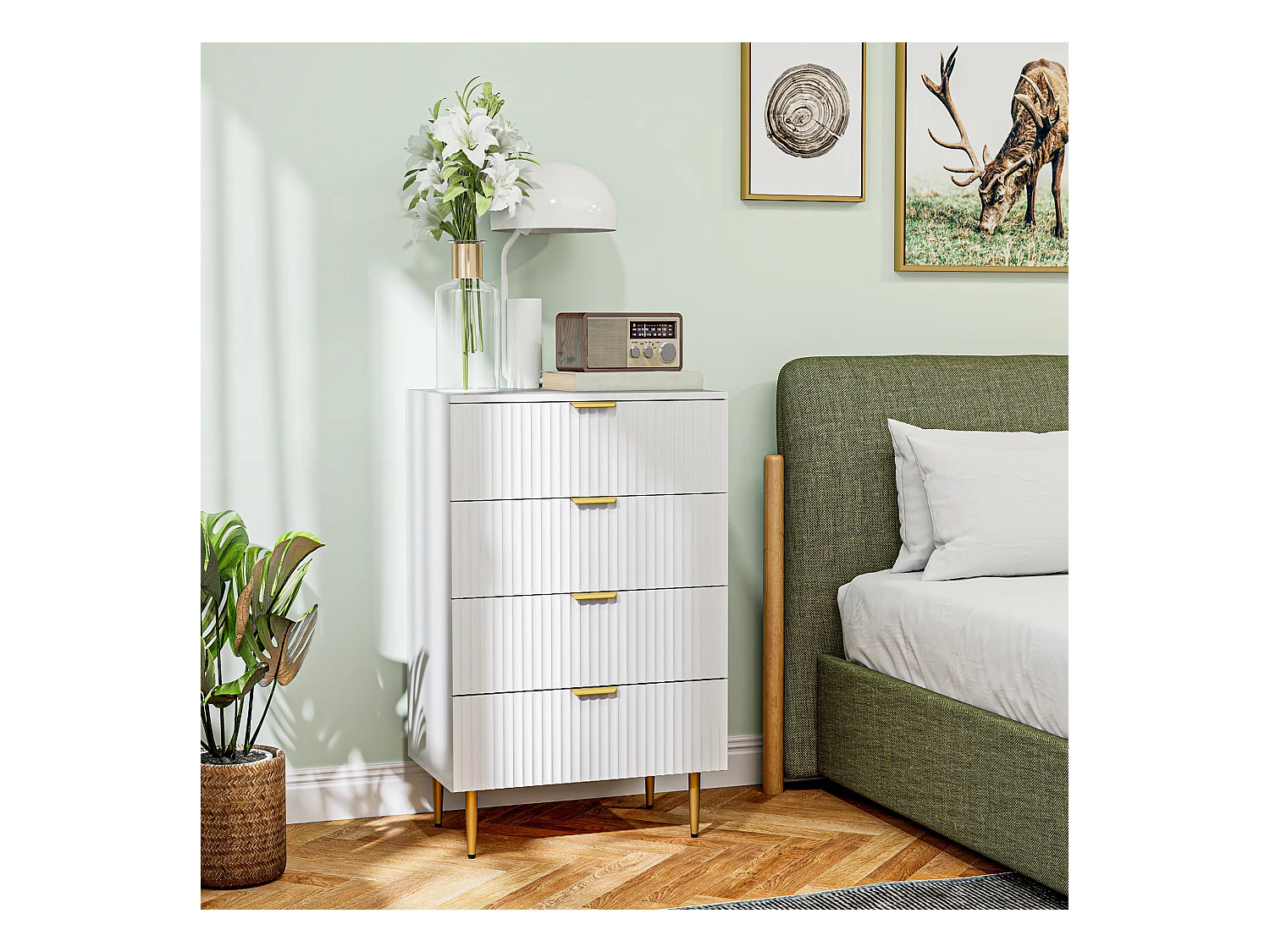 Cassettiera 4 cassetti moderna con maniglie dorate bianco