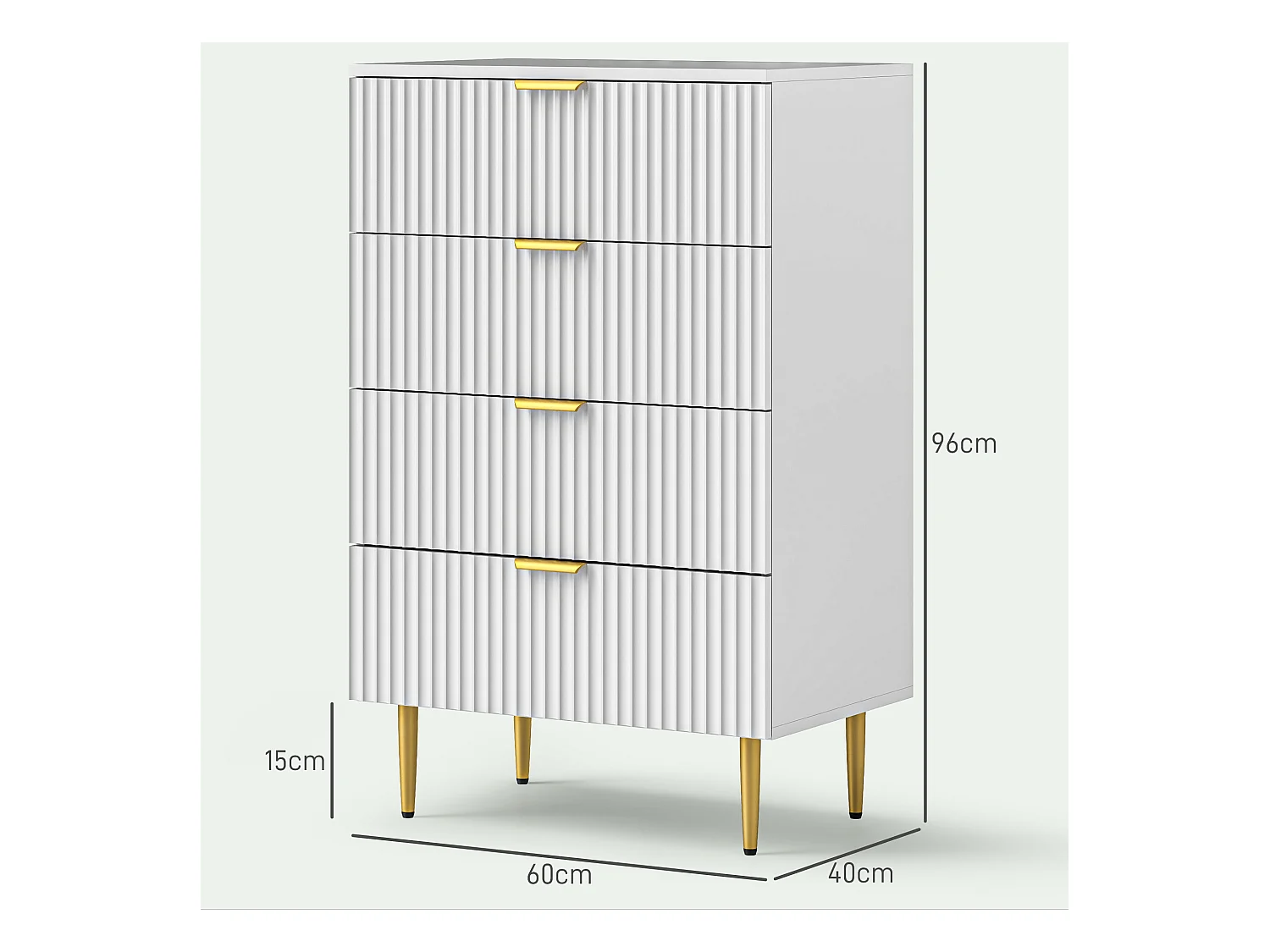 Cassettiera 4 cassetti moderna con maniglie dorate bianco