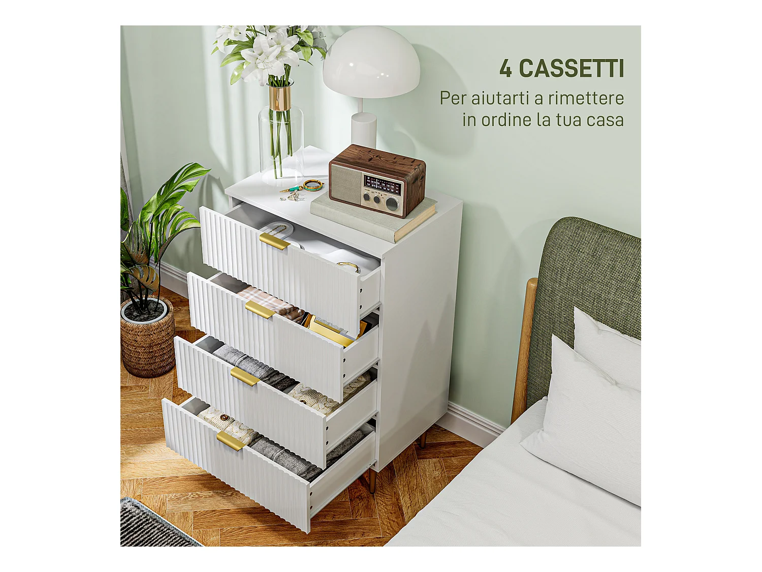 Cassettiera 4 cassetti moderna con maniglie dorate bianco