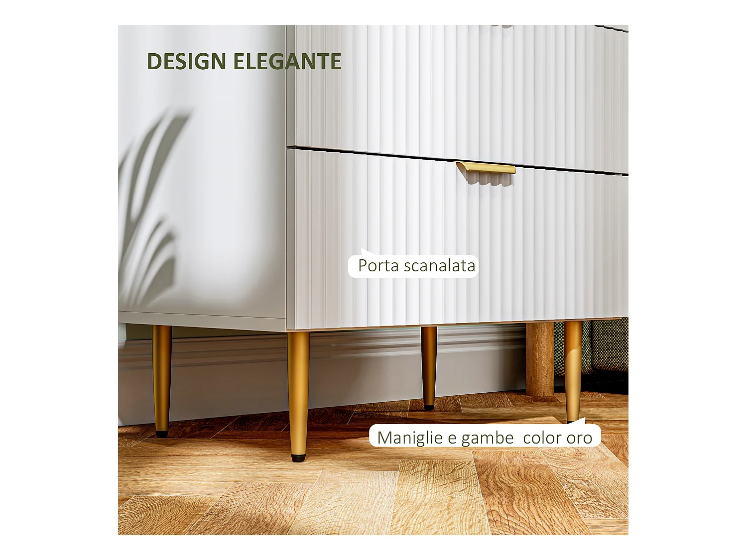 Cassettiera 4 cassetti moderna con maniglie dorate bianco