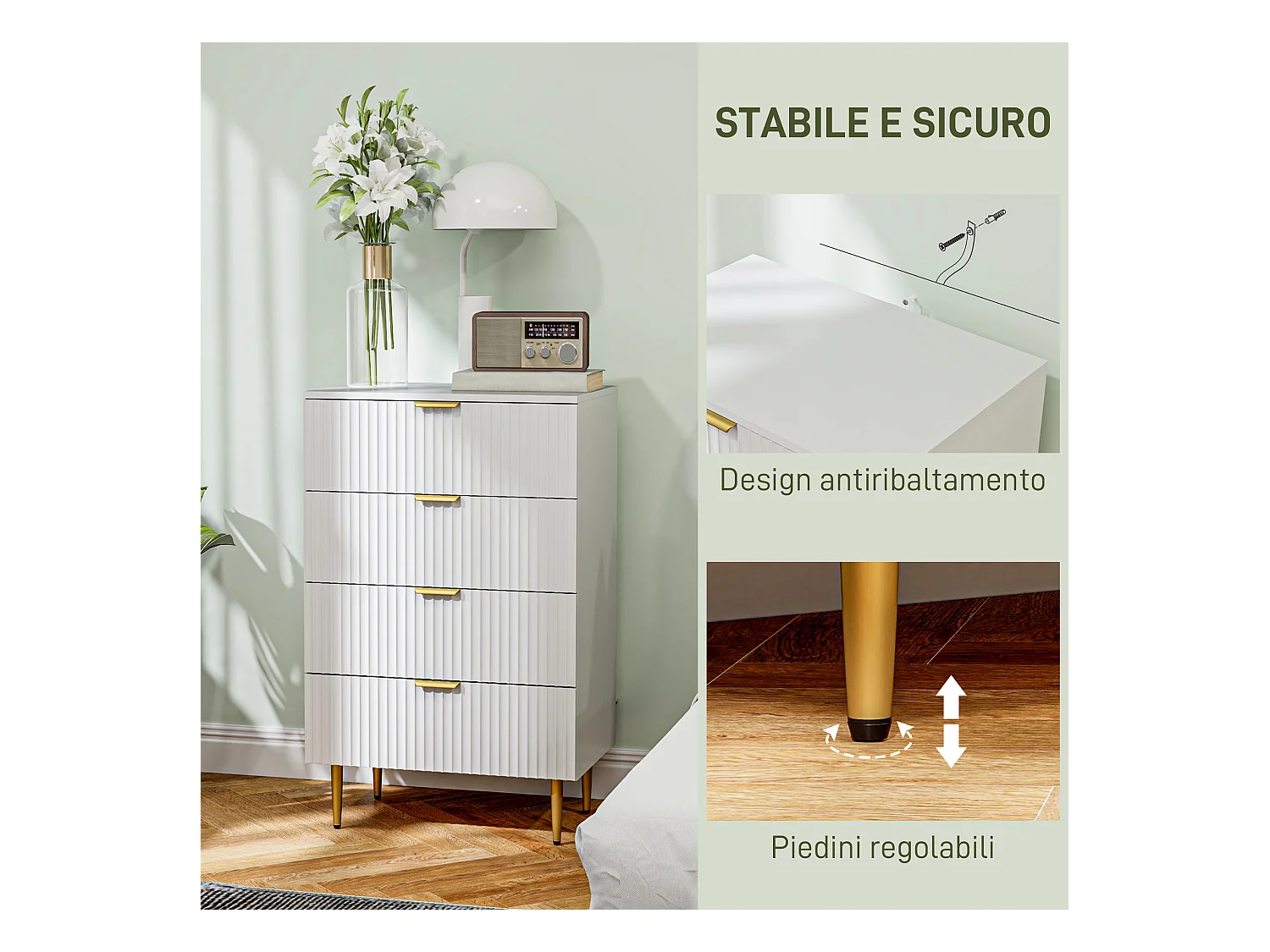 Cassettiera 4 cassetti moderna con maniglie dorate bianco