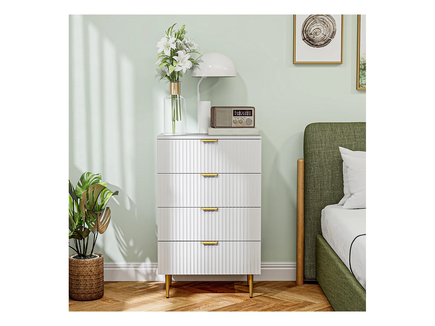 Cassettiera 4 cassetti moderna con maniglie dorate bianco