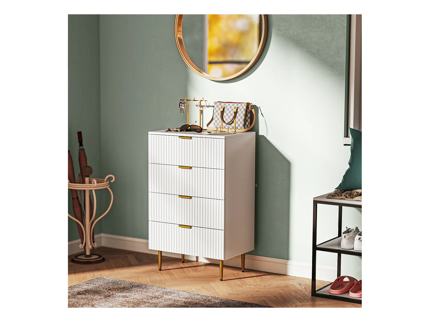 Cassettiera 4 cassetti moderna con maniglie dorate bianco