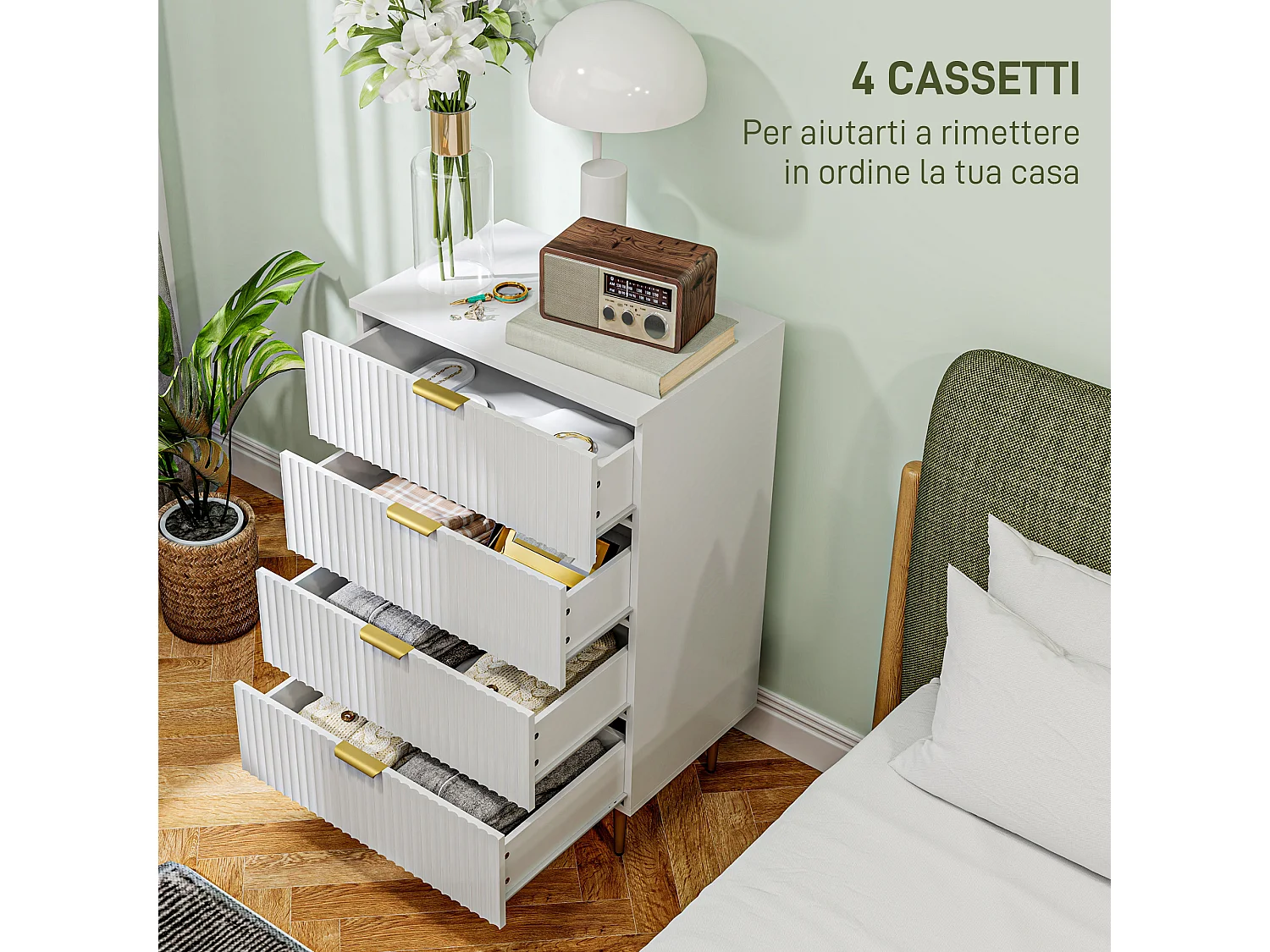 Cassettiera 4 cassetti moderna con maniglie dorate bianco