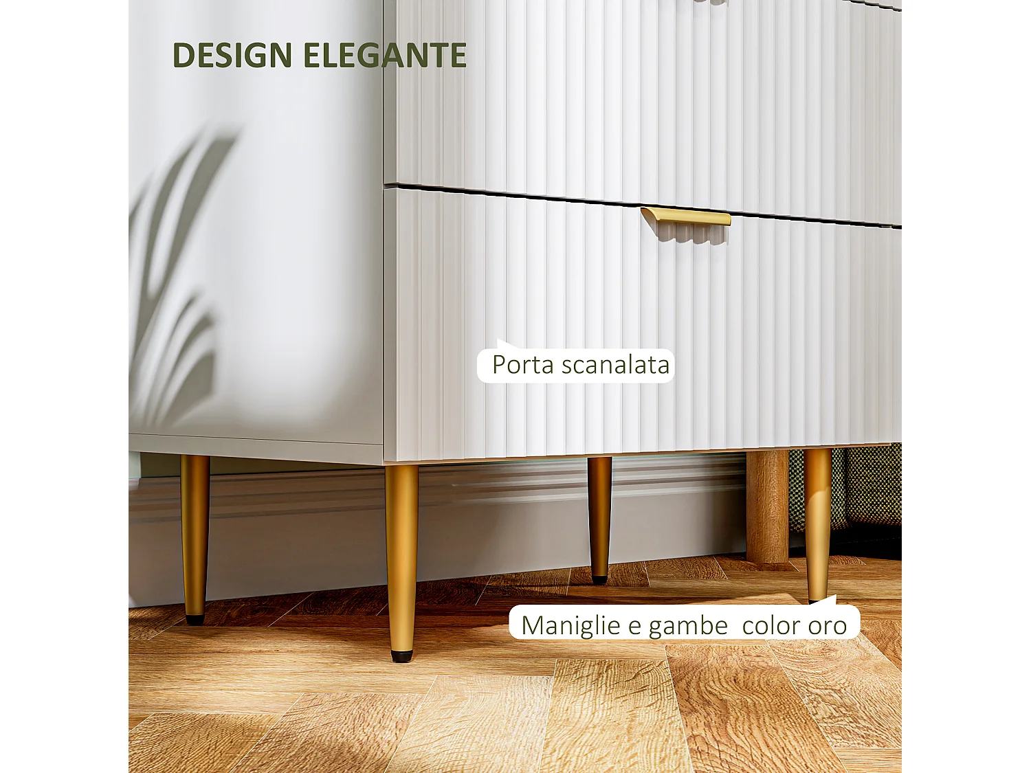 Cassettiera 4 cassetti moderna con maniglie dorate bianco