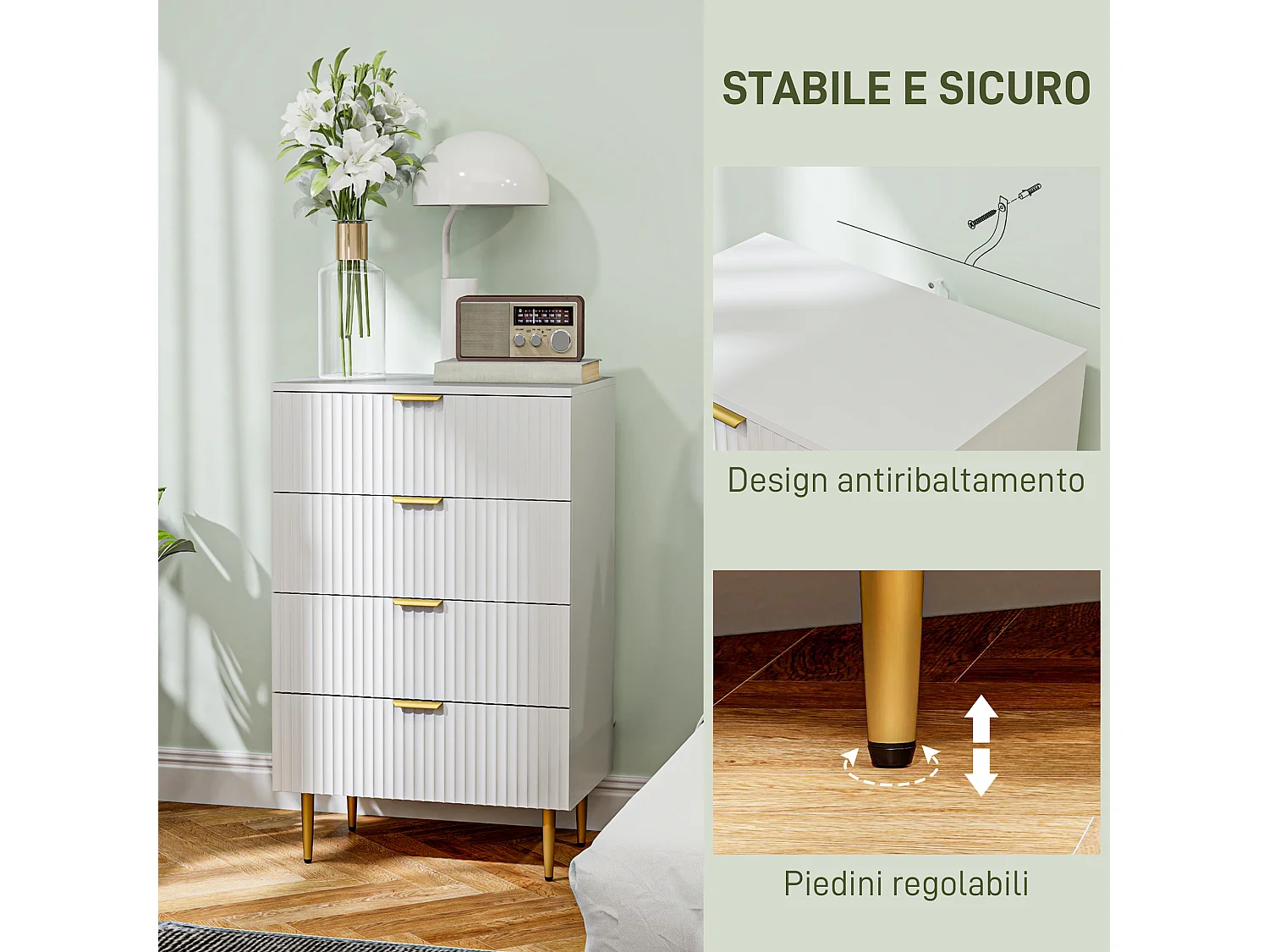 Cassettiera 4 cassetti moderna con maniglie dorate bianco