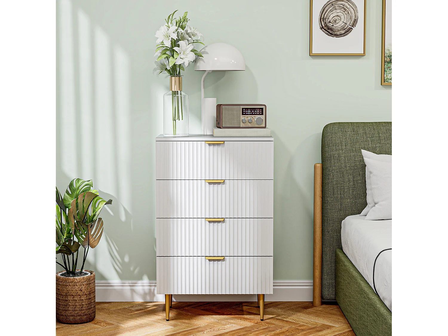 Cassettiera 4 cassetti moderna con maniglie dorate bianco