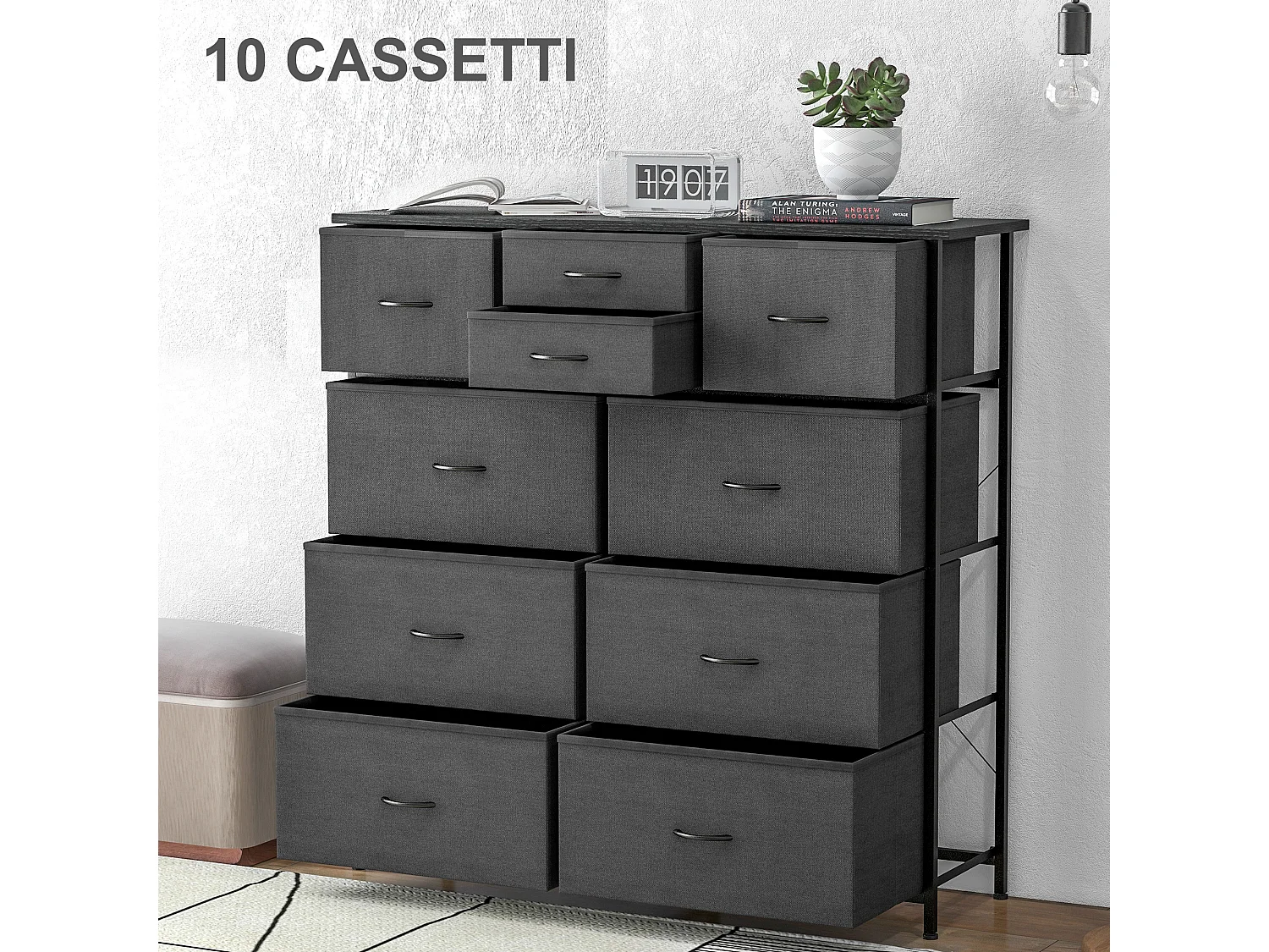 Cassettiera 10 cassetti in tessuto non tessuto acciaio mdf nera