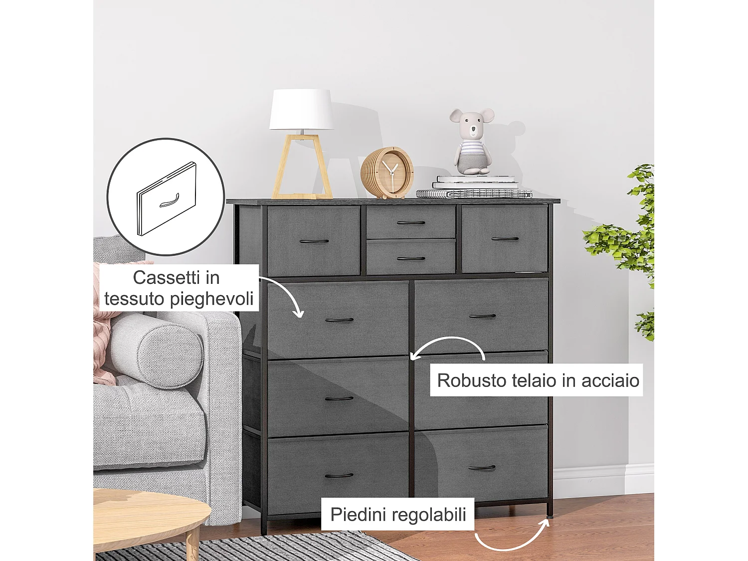 Cassettiera 10 cassetti in tessuto non tessuto acciaio mdf nera