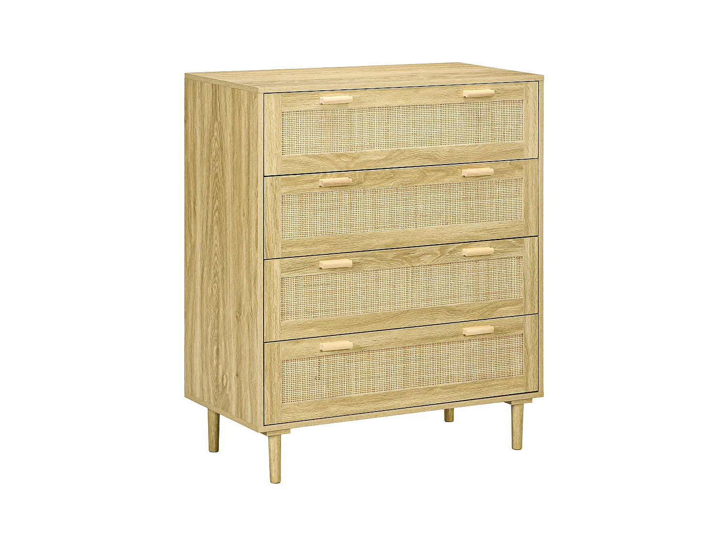 Cassettiera 4 cassetti stile boho in legno e rattan colore rovere