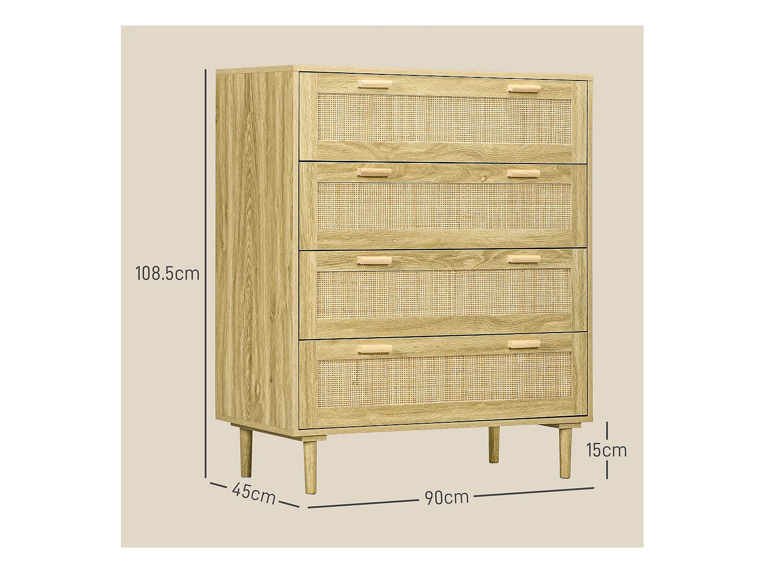 Cassettiera 4 cassetti stile boho in legno e rattan colore rovere