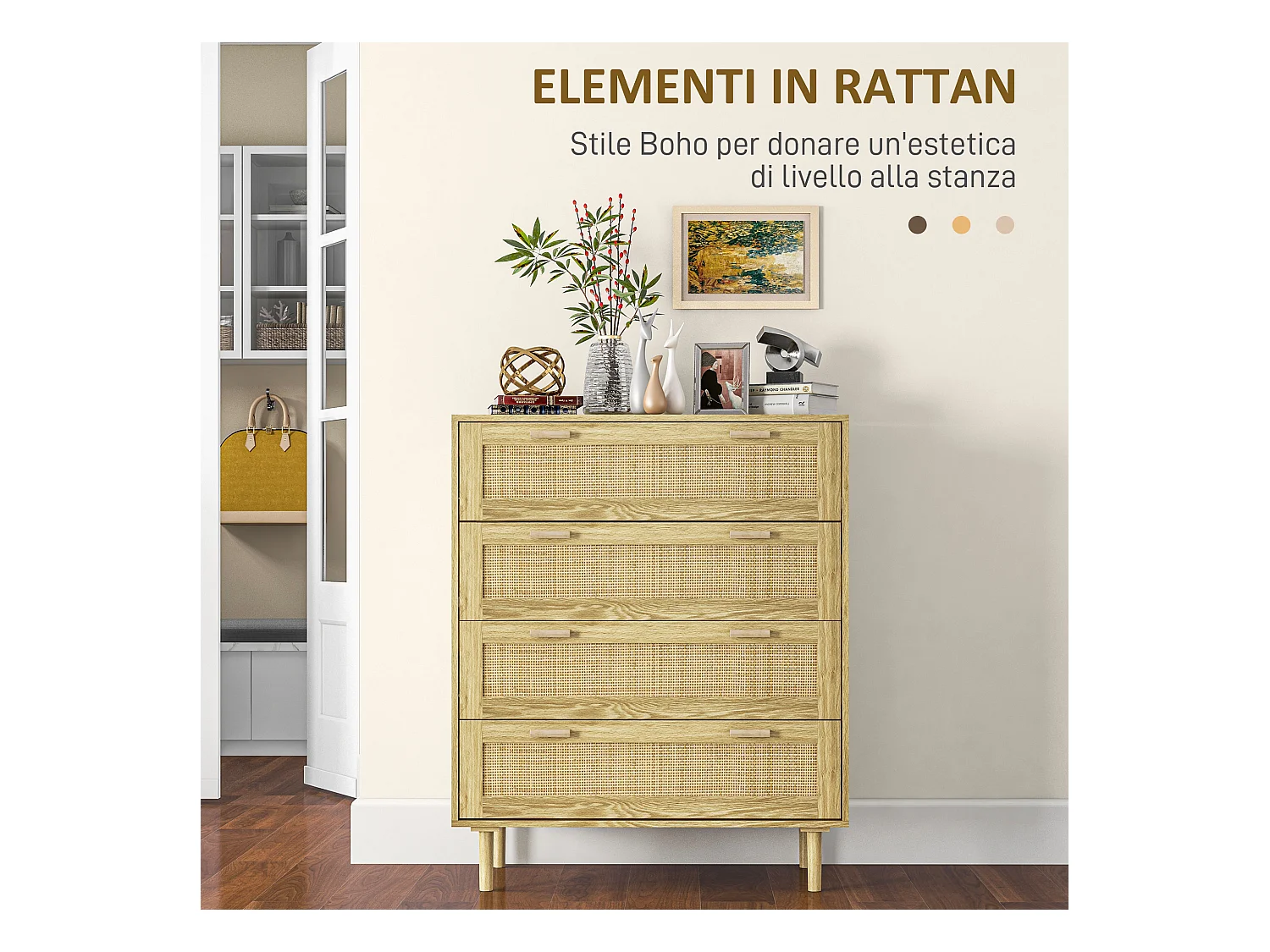 Cassettiera 4 cassetti stile boho in legno e rattan colore rovere