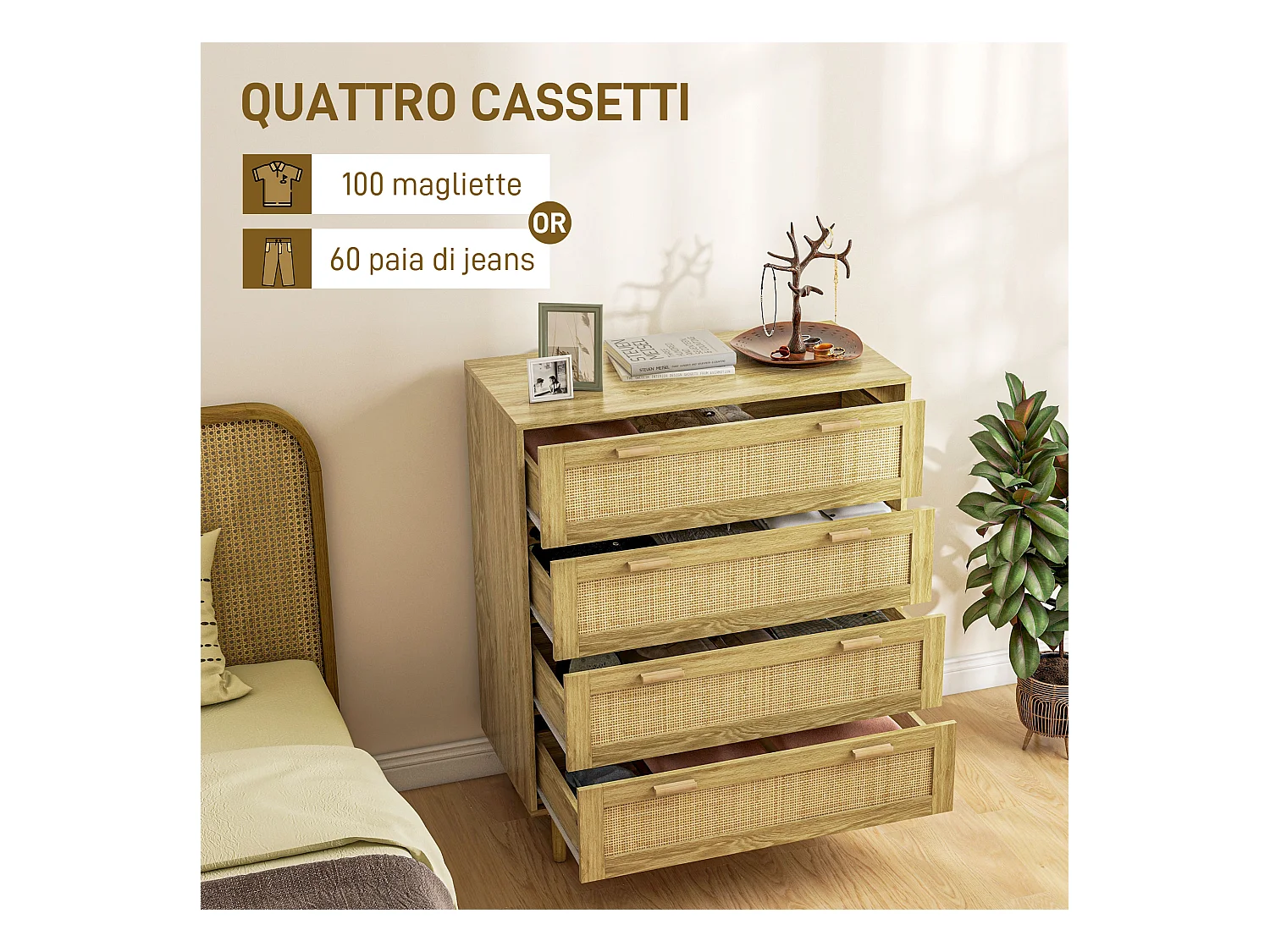 Cassettiera 4 cassetti stile boho in legno e rattan colore rovere