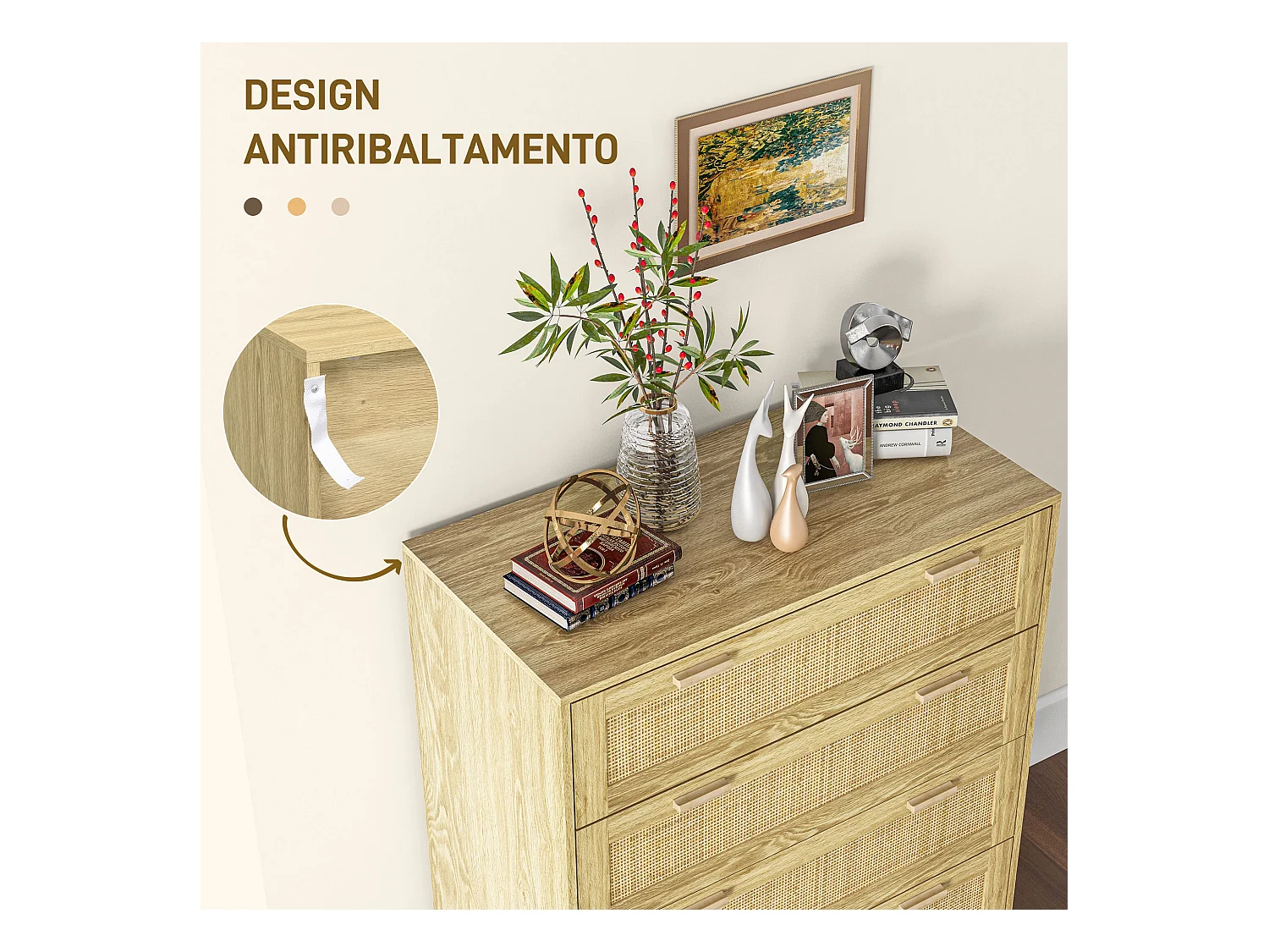 Cassettiera 4 cassetti stile boho in legno e rattan colore rovere