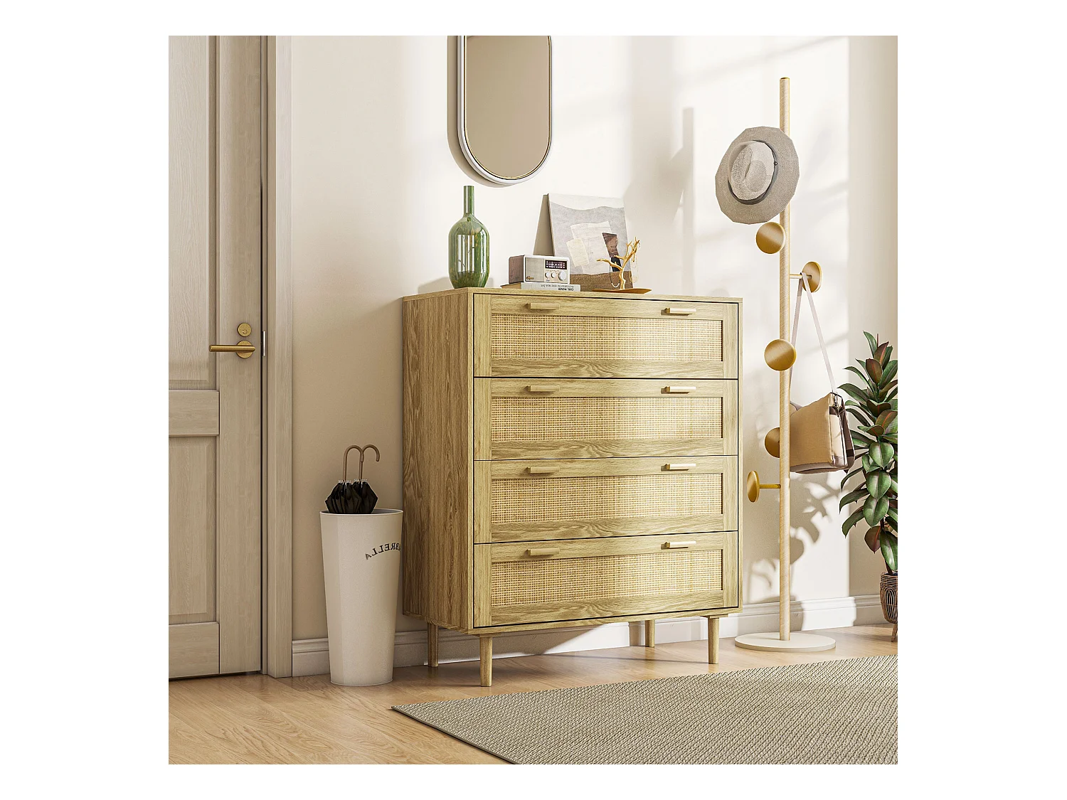 Cassettiera 4 cassetti stile boho in legno e rattan colore rovere