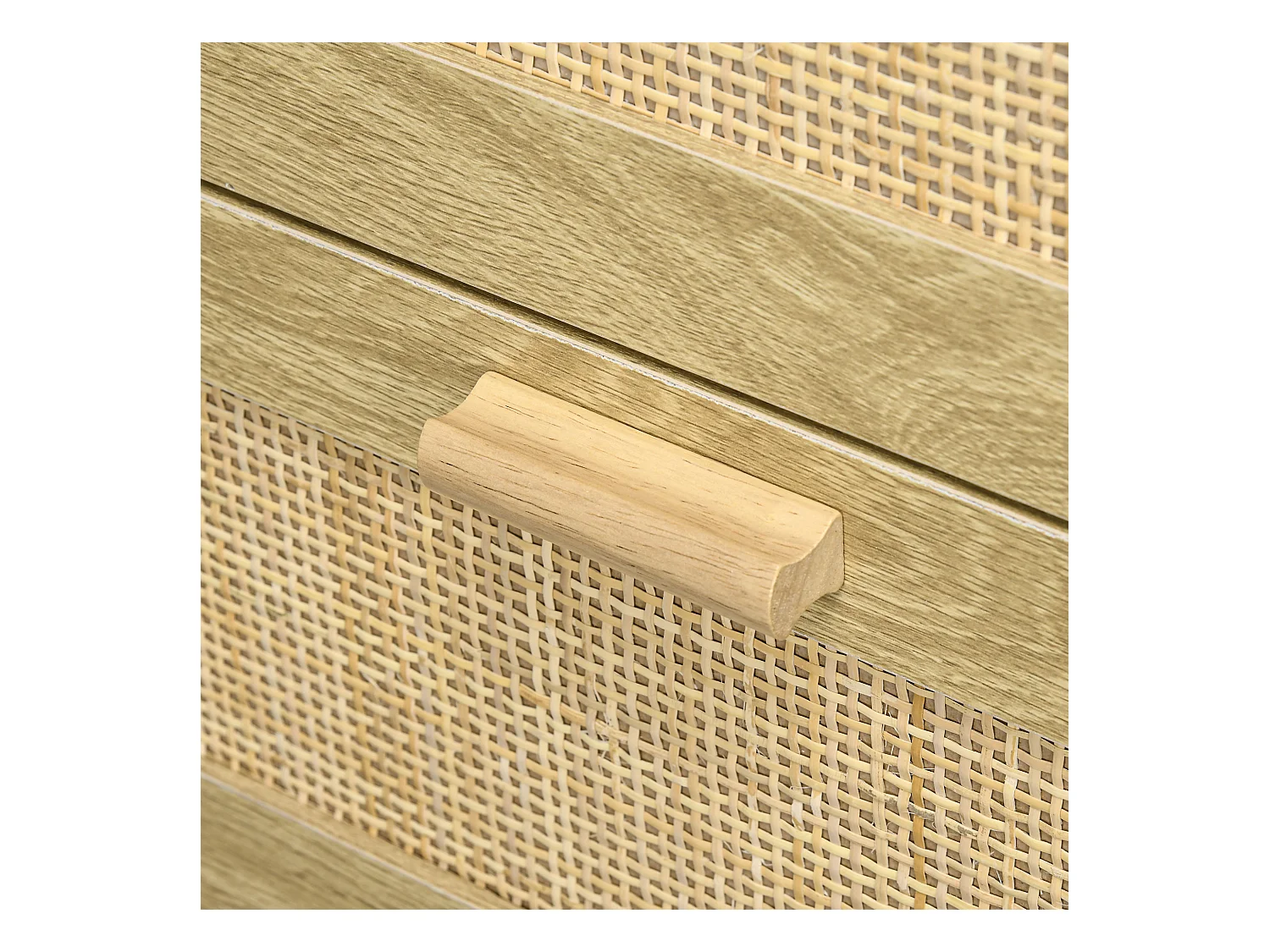 Cassettiera 4 cassetti stile boho in legno e rattan colore rovere