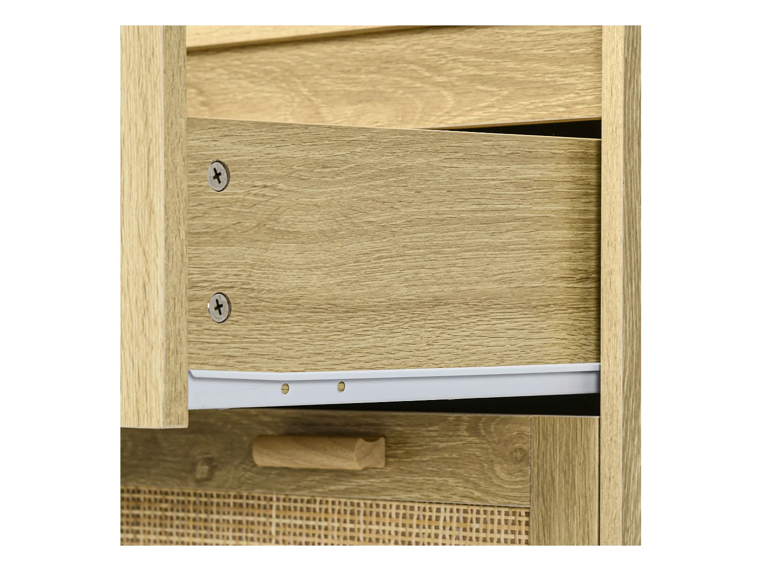 Cassettiera 4 cassetti stile boho in legno e rattan colore rovere