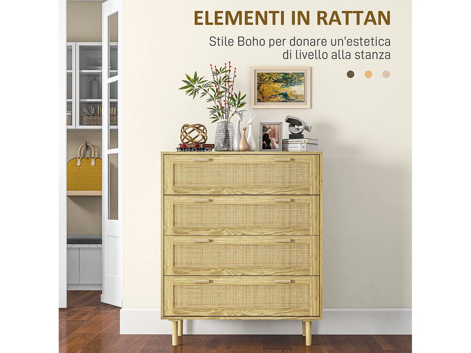 Cassettiera 4 cassetti stile boho in legno e rattan colore rovere