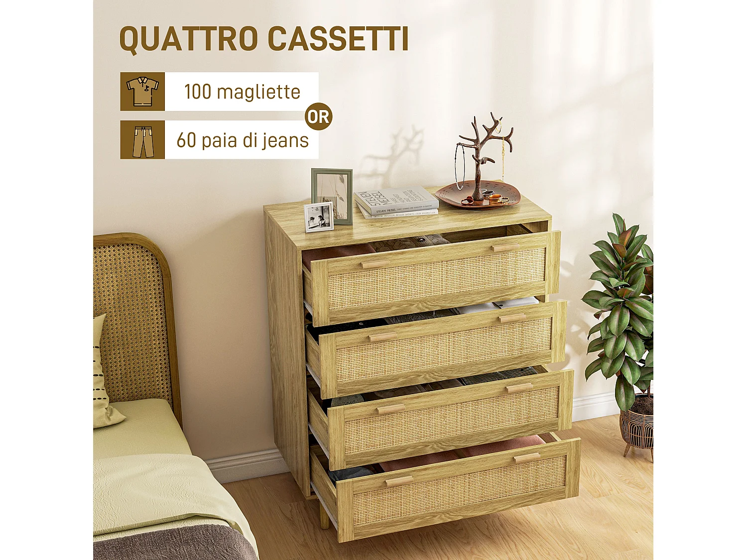 Cassettiera 4 cassetti stile boho in legno e rattan colore rovere