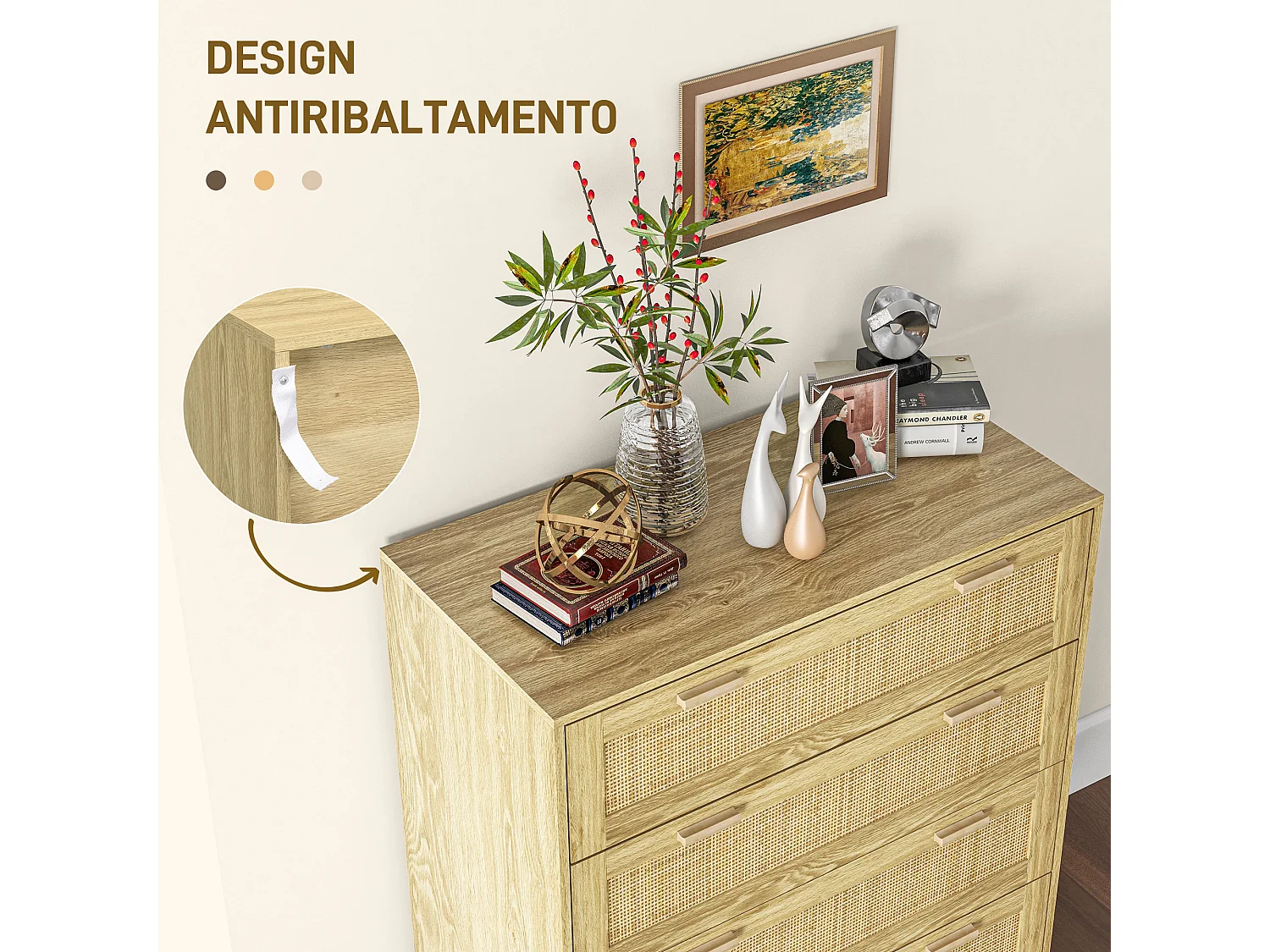 Cassettiera 4 cassetti stile boho in legno e rattan colore rovere