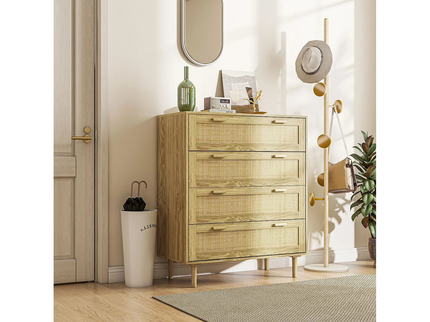 Cassettiera 4 cassetti stile boho in legno e rattan colore rovere